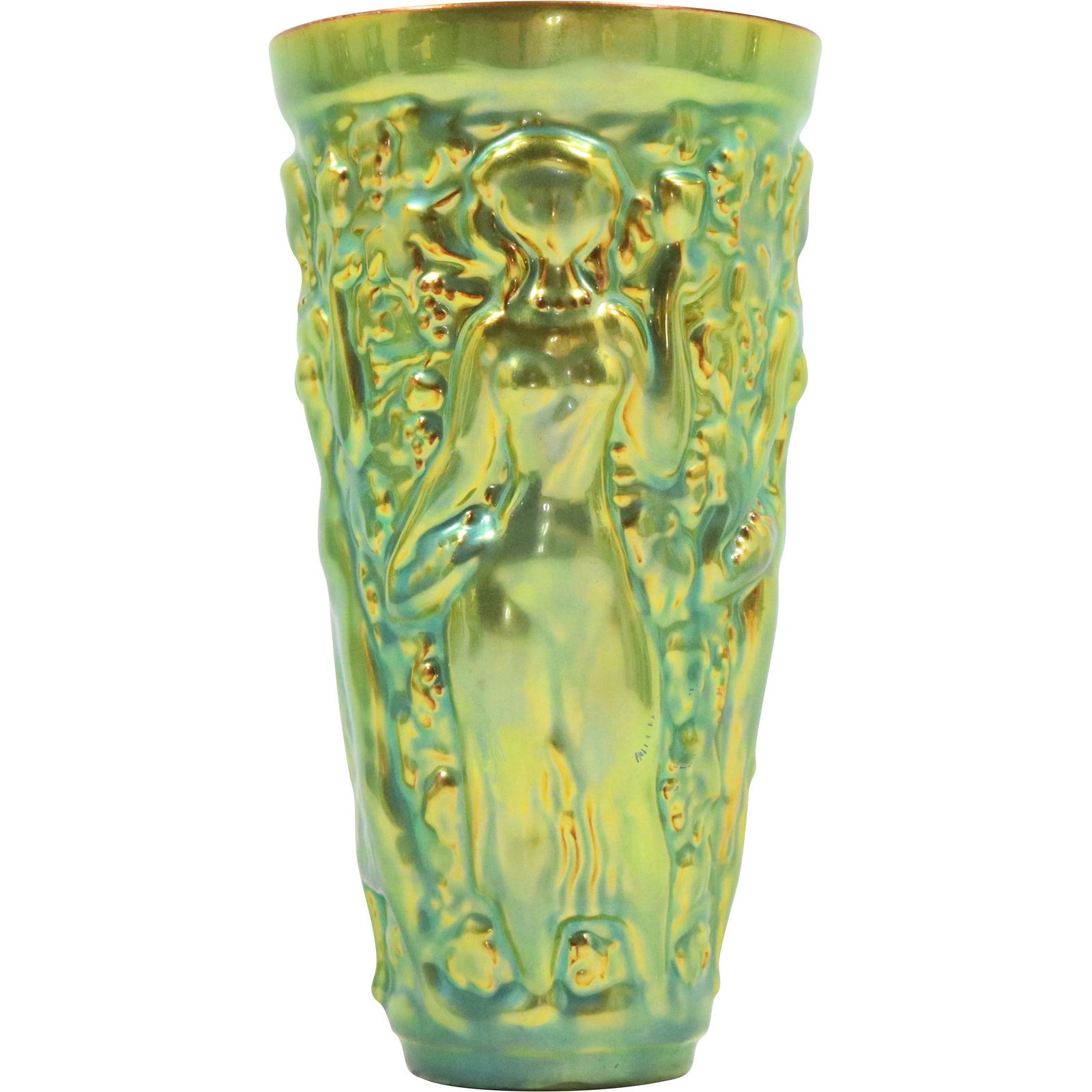 Zsolnay Hungary Green Lustre Porcelain Tumbler with Embossed Nude: Zsolnay Hungary Green Lustre Porcelain Tumbler with Embossed Nude. size: 6.5h 3.75w