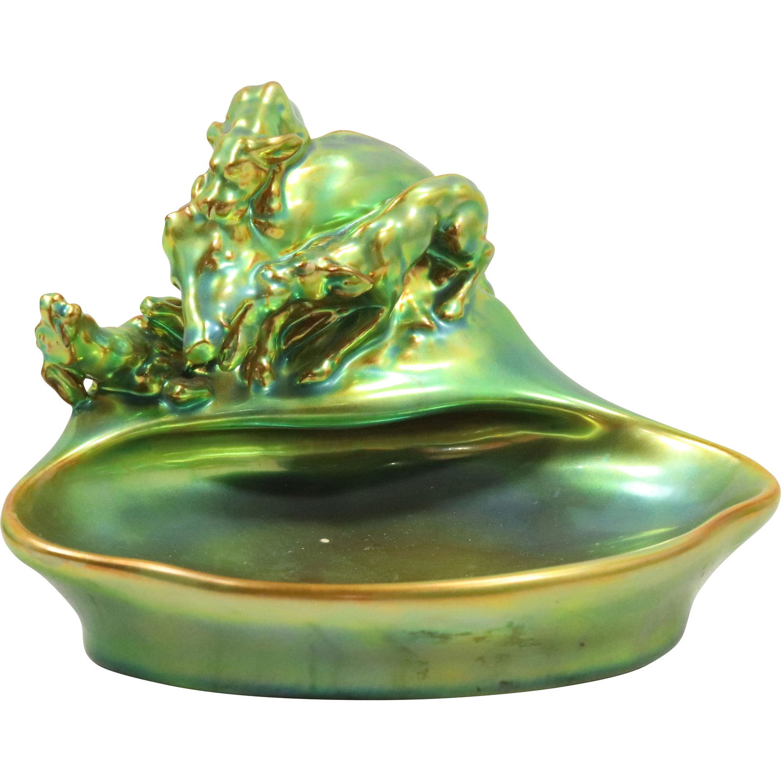 Zsolnay Hungary Green Lustre Porcelain Tray Dogs Attacking a Wild Boar: Zsolnay Hungary Green Lustre Porcelain Tray Dogs Attacking a Wild Boar. size: 5h 6.75w