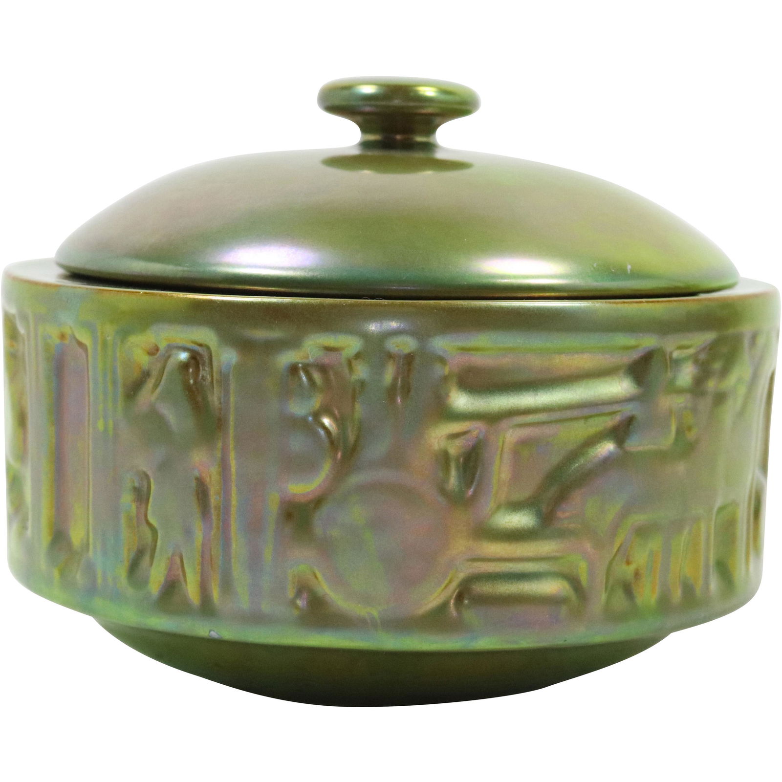 Zsolnay Hungary Green Lustre Porcelain Covered Jar Embossed Figure Panels: Zsolnay Hungary Green Lustre Porcelain Covered Jar Embossed Figure Panels. size: 4h 5.25w