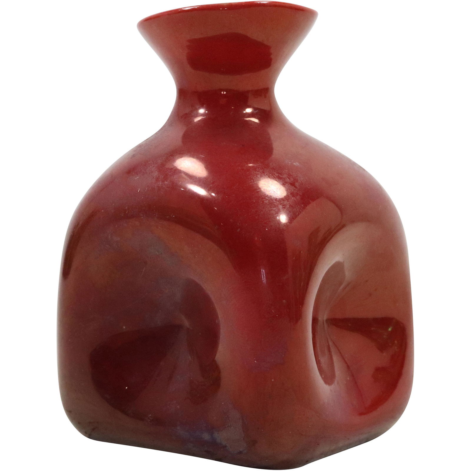Zsolnay Hungary RED Porcelain Pinched Sides Vase: Zsolnay Hungary RED Porcelain Pinched Sides Vase. size: 4h 2.75w