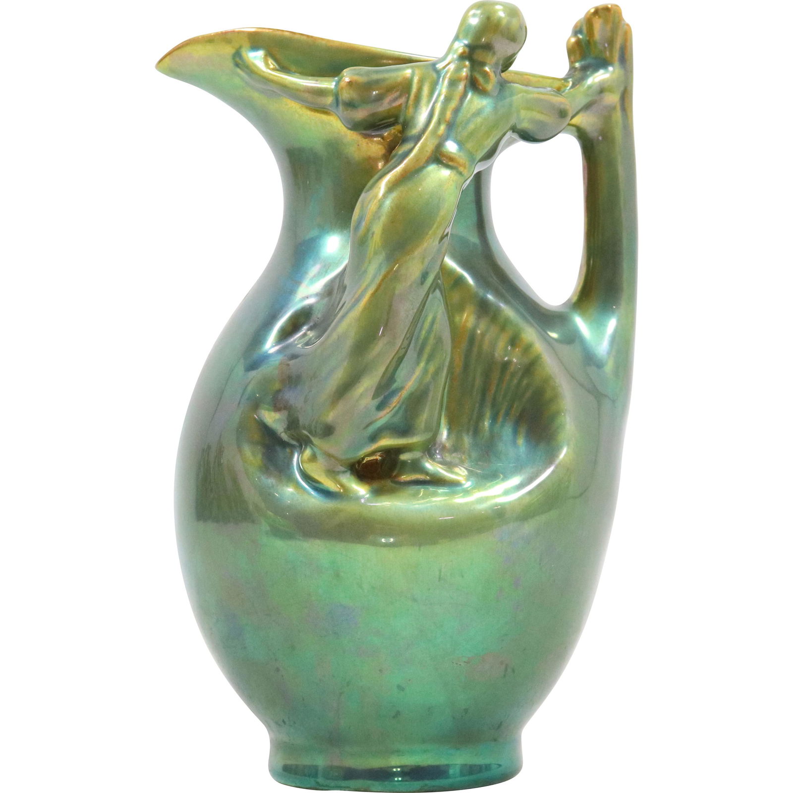 Zsolnay Hingary Green Lustre Porcelain Vase with Women in Outside Relief: Zsolnay Hingary Green Lustre Porcelain Vase with Women in Outside Relief, size: 6.5h 4.25w