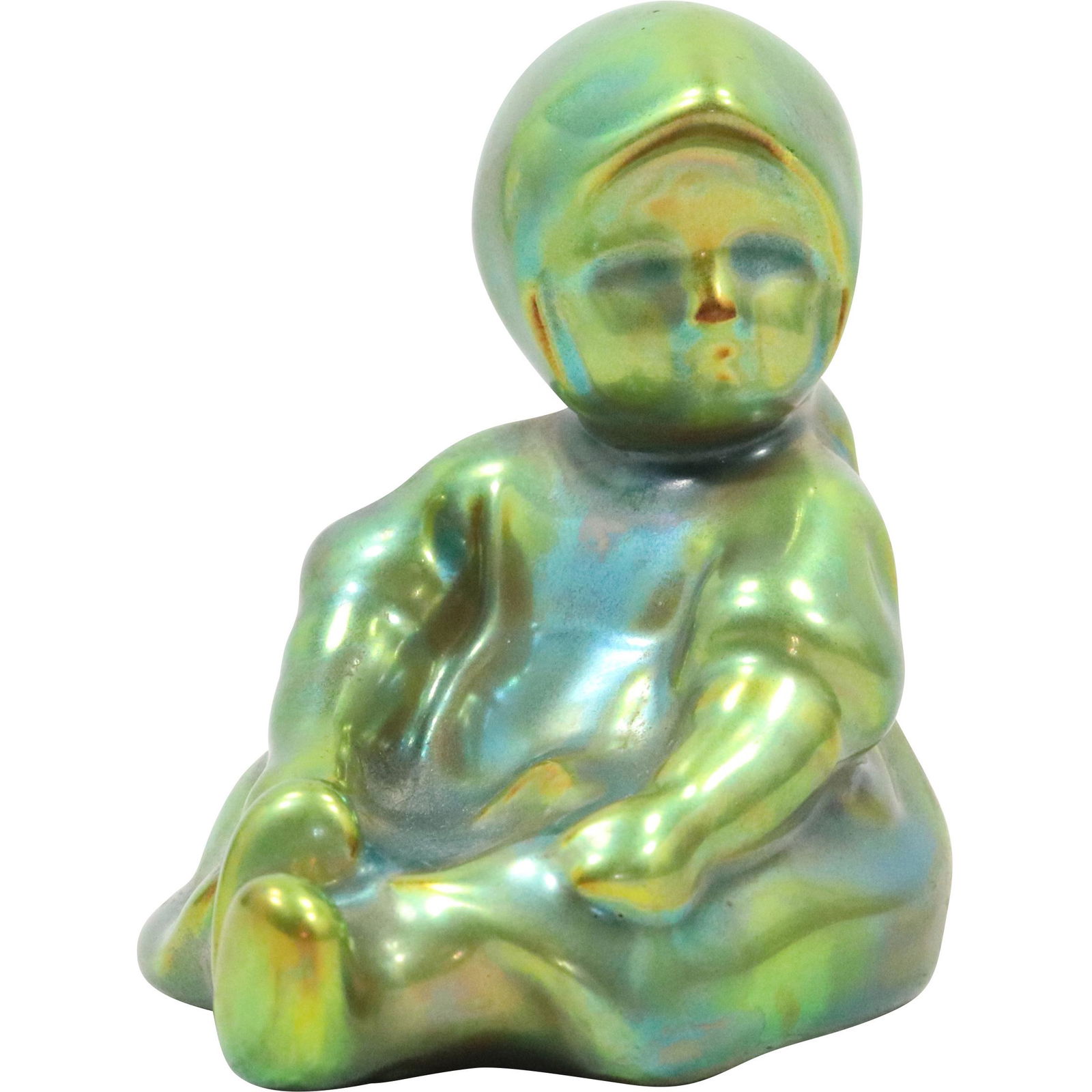 Zsolnay Hungary Green Lustre Porcelain Seated Young Girl Figure Statue: Zsolnay Hungary Green Lustre Porcelain Seated Young Girl Figure Statue size: 3h 3.25w
