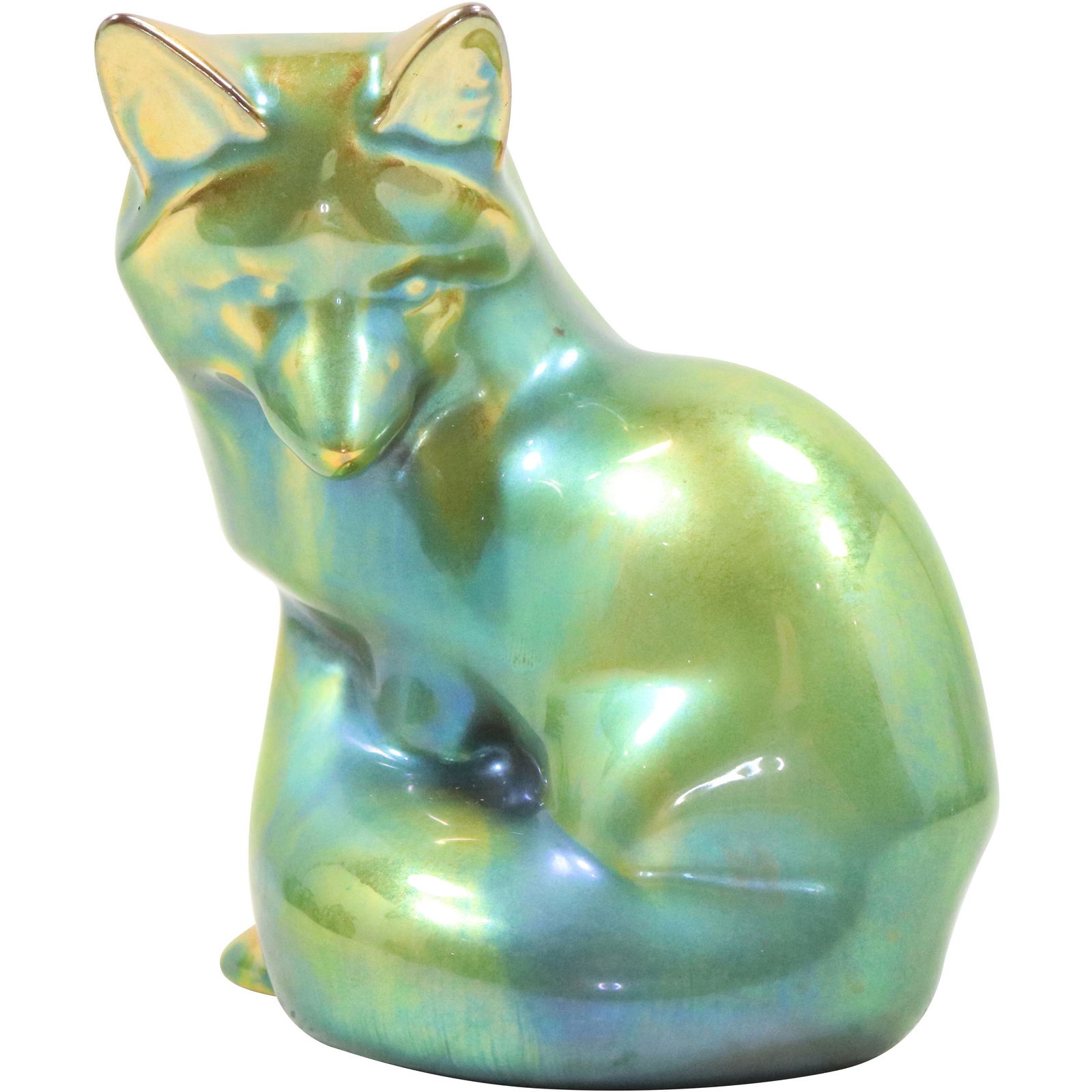 Zsolnay Hungary Green Lustre Porcelain FOX Figure Statue: Zsolnay Hungary Green Lustre Porcelain FOX Figure Statue size: 4h 3.5w