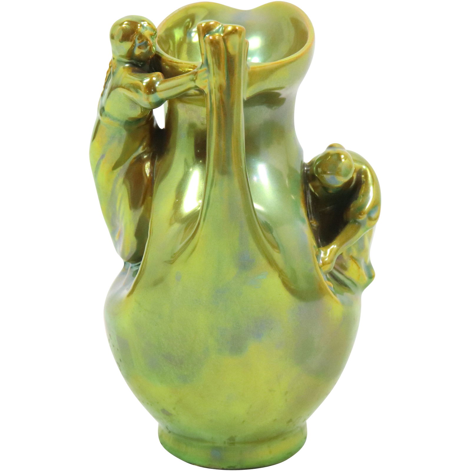 Zsolnay Hungary Green Lustre Porcelain Vase with 2 Woman in Outside Relief: Zsolnay Hungary Green Lustre Porcelain Vase with 2 Woman in Outside Relief size: 6.5h 4.25w
