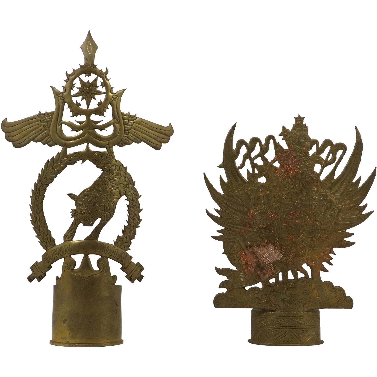 [2] Very Ornate Sculptured Brass TRENCH ART Vases with Full Sculptures: [2] Very Ornate Sculptured Brass TRENCH ART Vases with Full Sculptures. size: 10.75 15h 8.25w
