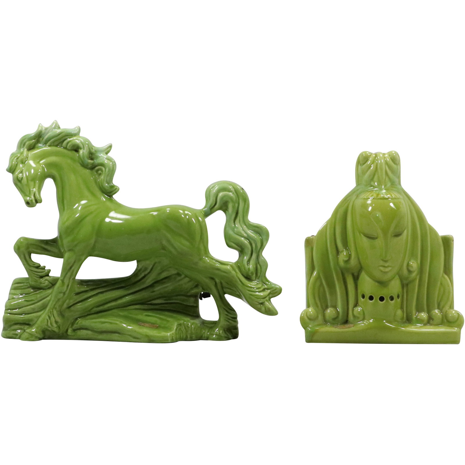 [2] ROYAL HAEGER Green Glazed Ceramic TV Lamps: Horse and Asian Goddess: [2] ROYAL HAEGER Green Glazed Ceramic TV Lamps: Horse and Asian Goddess. size: horse 11h 13w face 9.25h 7.75w