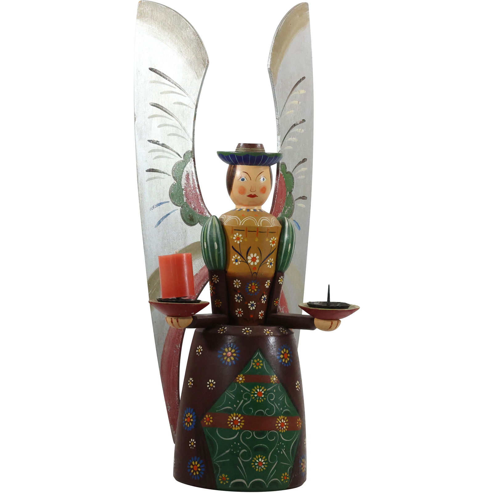 Hand Painted Wooden Folk Art Angel Candles Holder- Monogram Signature on base bottom: Hand Painted Wooden Folk Art Angel Candles Holder- Monogram Signature on base bottom. size: 29 x 13