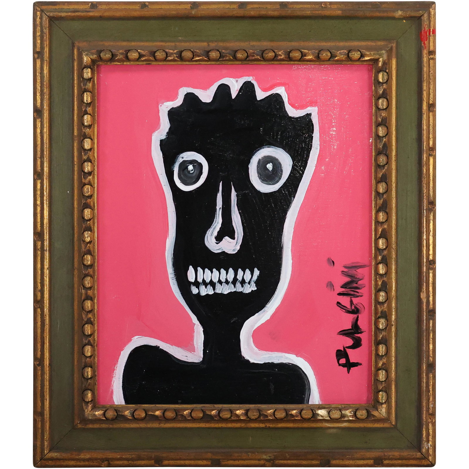 Thomas Pulgini, American, Oil/b, Abstract Grotesque Black Portrait on Pink Background: Thomas Pulgini, American, Oil/b, Abstract Grotesque Black Portrait on Pink Background. Oil on board painting, Signed, Framed. Well Listed American Artist. size: 16 x 13, 21.5 x 18.5 outside frame. ASK