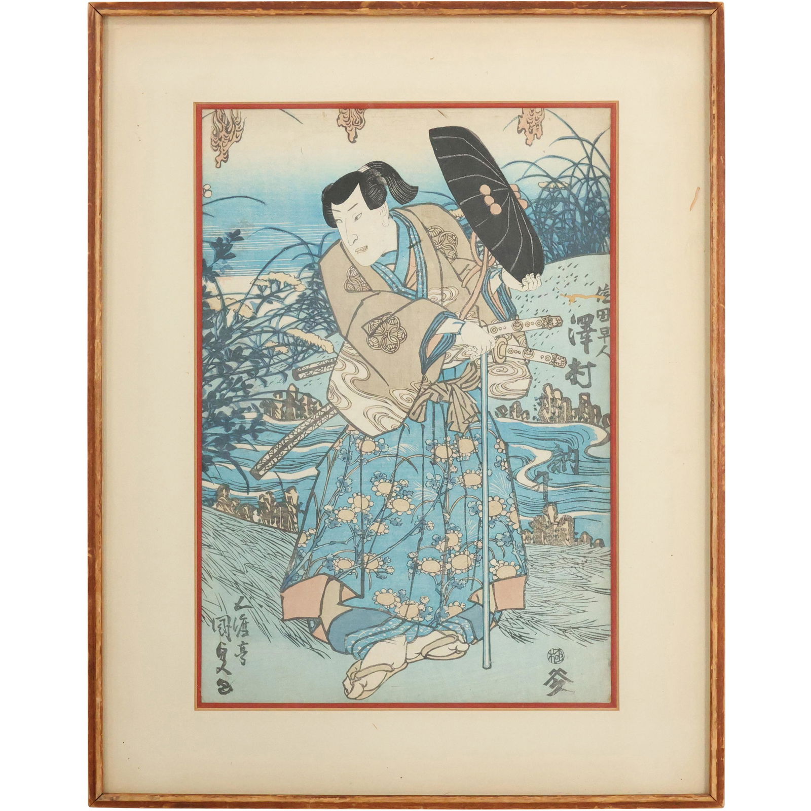 Vintage Japanese Woodblock Figure with Samurai Swords, Framed: Vintage Japanese Woodblock Figure with Samurai Swords, Framed. size: 13.75 x 9.25 matte, 18.5 x 14.5 outside frame