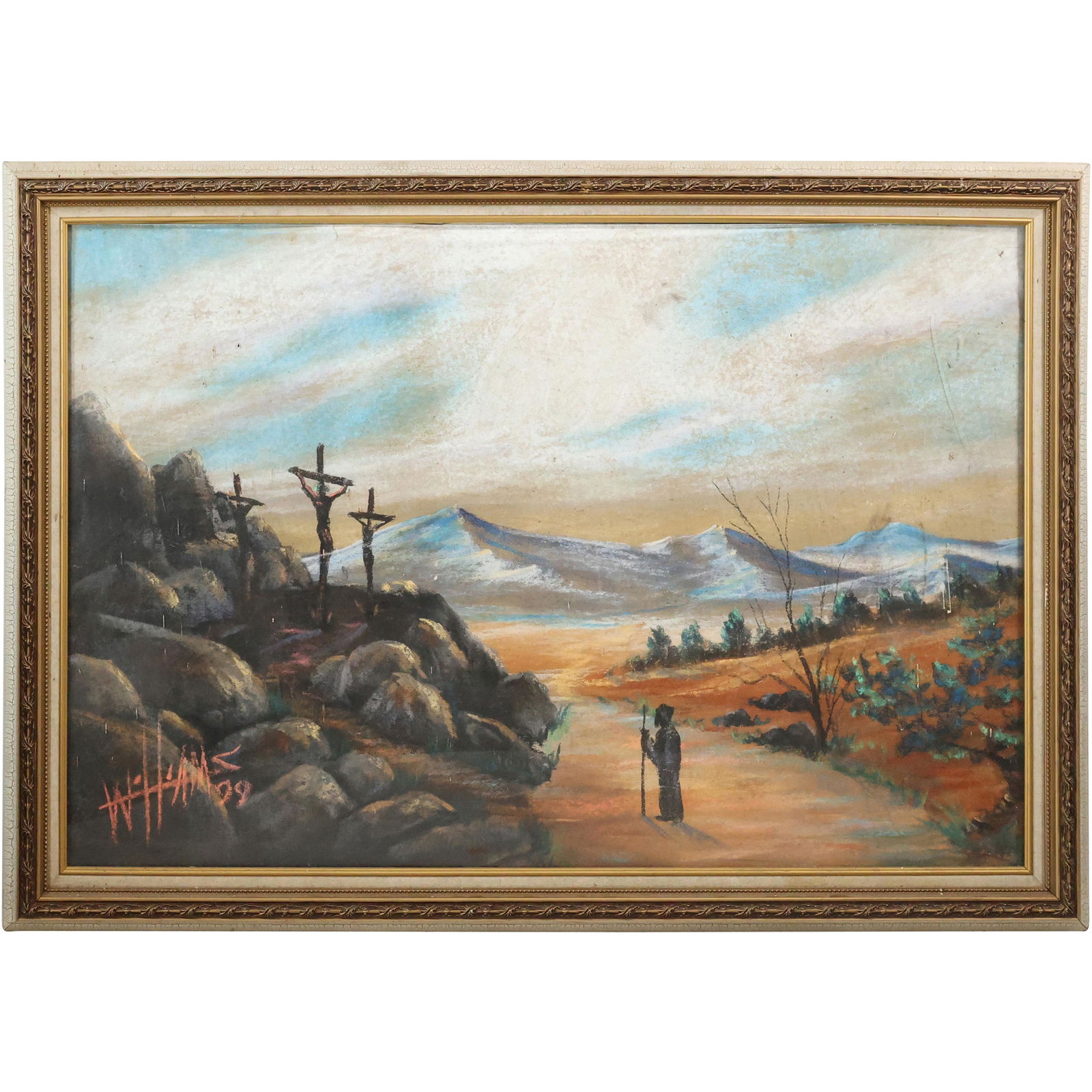 Signed W H AMS '99; Vintage Pastel Painting, Saint Looking at Crucifixes on Hillside: Signed W H AMS '99; Vintage Pastel Painting, Saint Looking at Crucifixes on Hillside. Framed. size: 10 x 14 matte, 16.75 x 20.75 outside frame