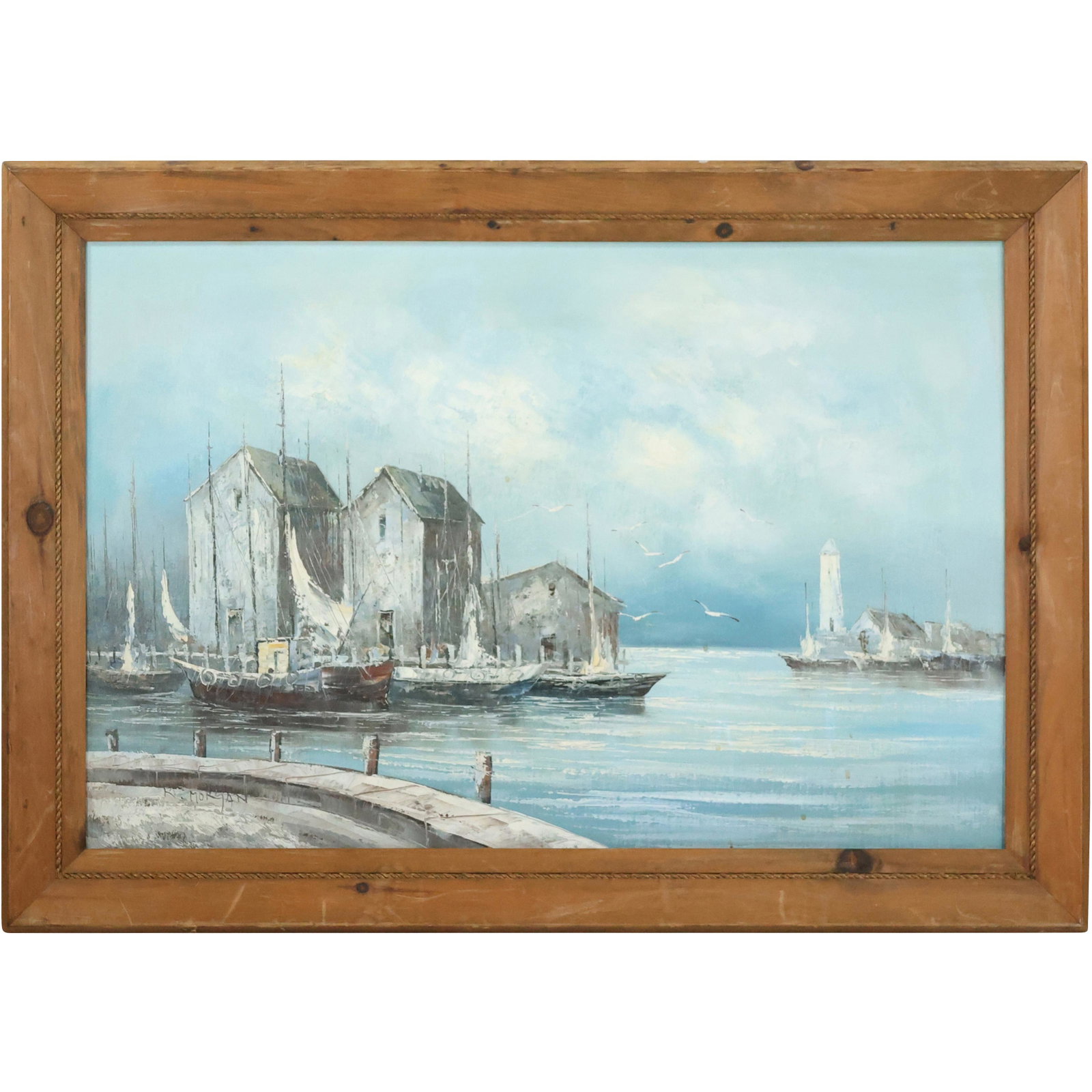 K Morgan, Oil Painting Fishing Boards at The Wharf, Signed and Framed: K Morgan, Oil Painting Fishing Boards at The Wharf, Signed and Framed. Oil on Canvas. p> size: 16 x 21