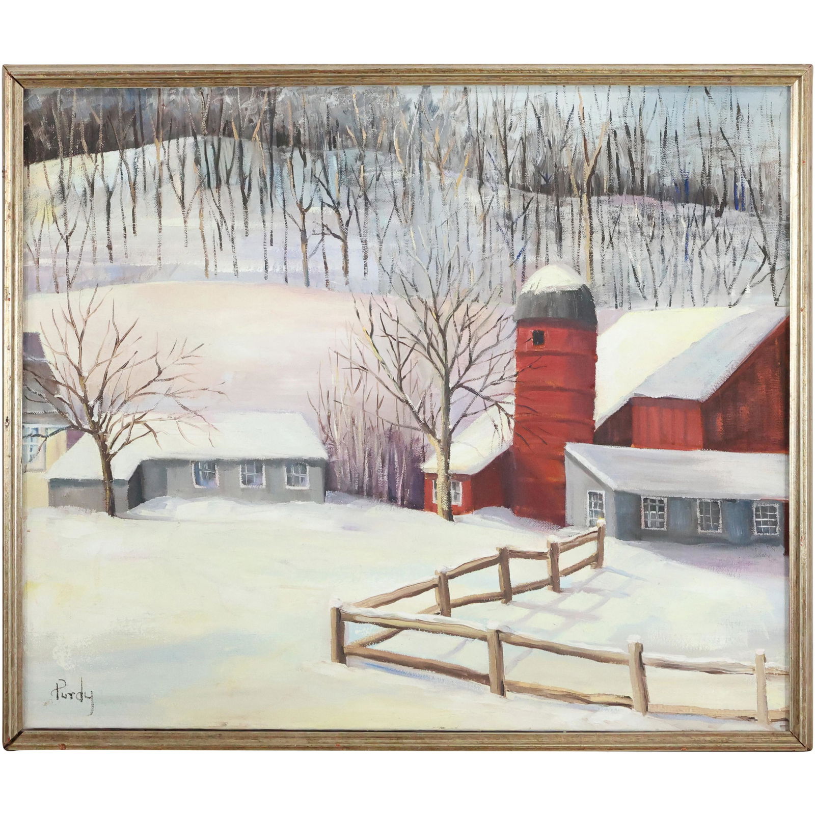DONALD PURDY, Listed CT Artist, Oil Painting New England Winter Farm Landscape: DONALD PURDY, Listed CT Artist, Oil Painting New England Winter Farm Landscape. Oil on canvas , Framed. size: 14.75 x 30, 17.5 x 32.5 outside frame. ASKart: Donald Roy Purdy (Born 1924) is active/live