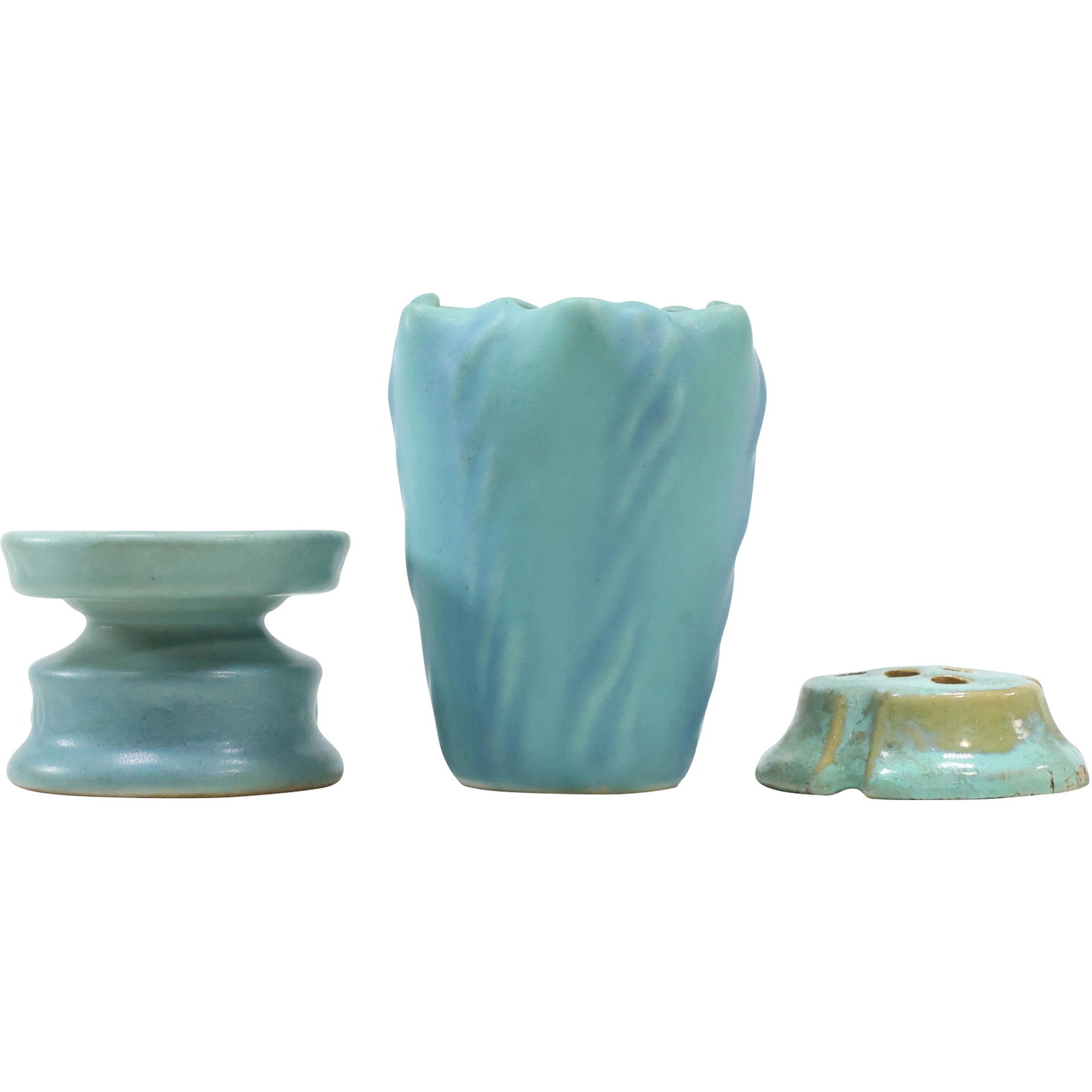 Van Briggle Vase, Van Briggle Pedestal Stand, Fulper Art Pottery Flower Frog: Van Briggle Vase, Van Briggle Pedestal Stand, Fulper Art Pottery Flower Frog size: (2.5 x 3.5), (5 x 4), (1.5 x 3)