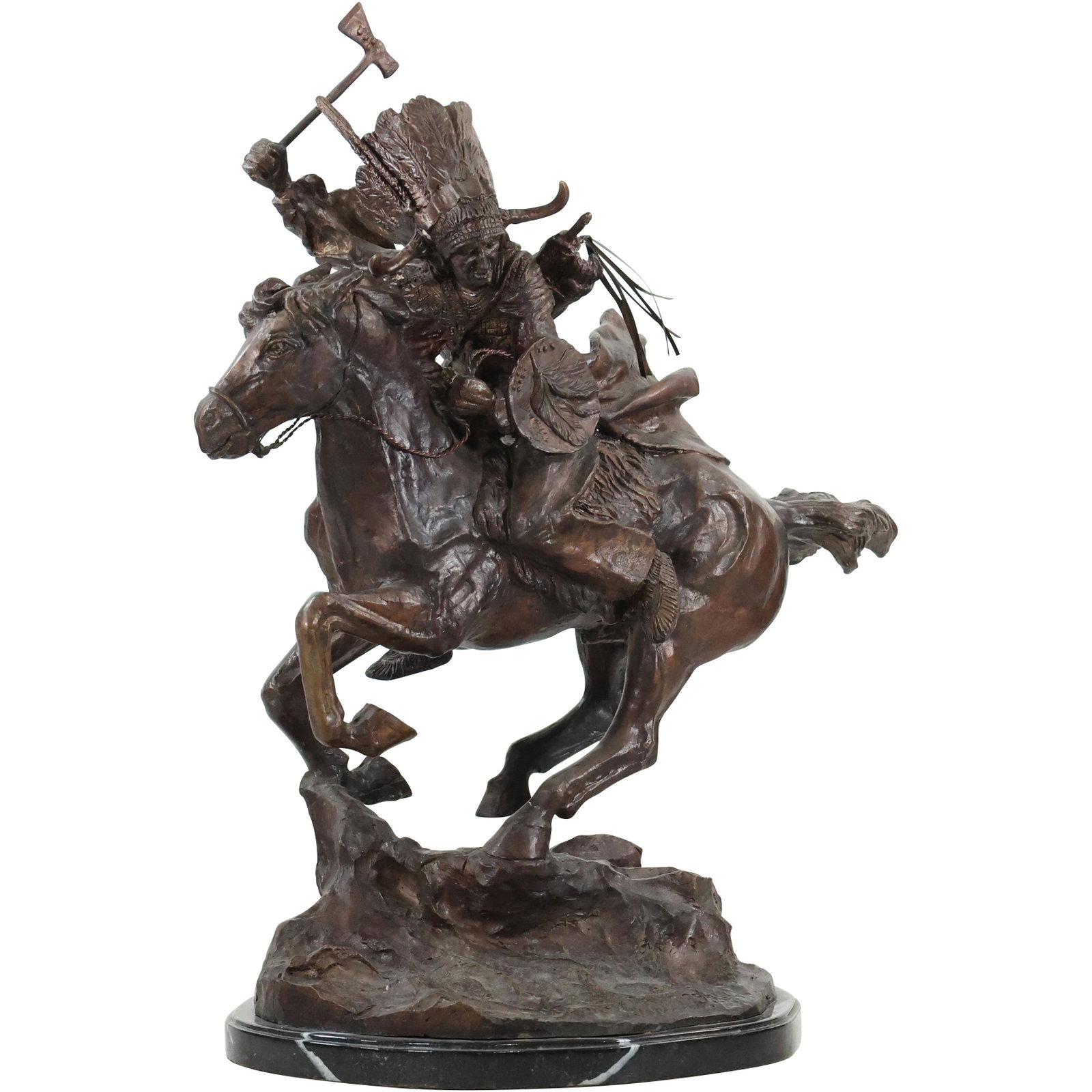 after Frederick Remington, Large Bronze Indian Warrior on Horseback - Good Patina: after Frederick Remington, Large Bronze Indian Warrior on Horseback - Good Patina size: 24.5 x 13.5