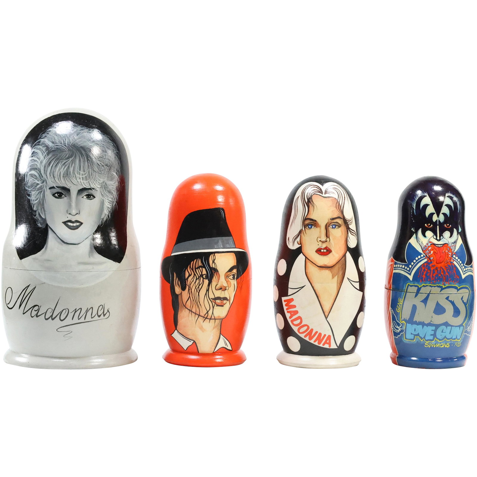 [4] Assorted Wooden Russian Dolls in Graduated Sizes, Contemporary Musicians: [4] Assorted Wooden Russian Dolls in Graduated Sizes, Contemporary Musicians [Madonna, Michael Jackson, etc] size: (6.5 x 3), 6.5 x 3.25), (6.5 x 3), (8.75 x 4.5)