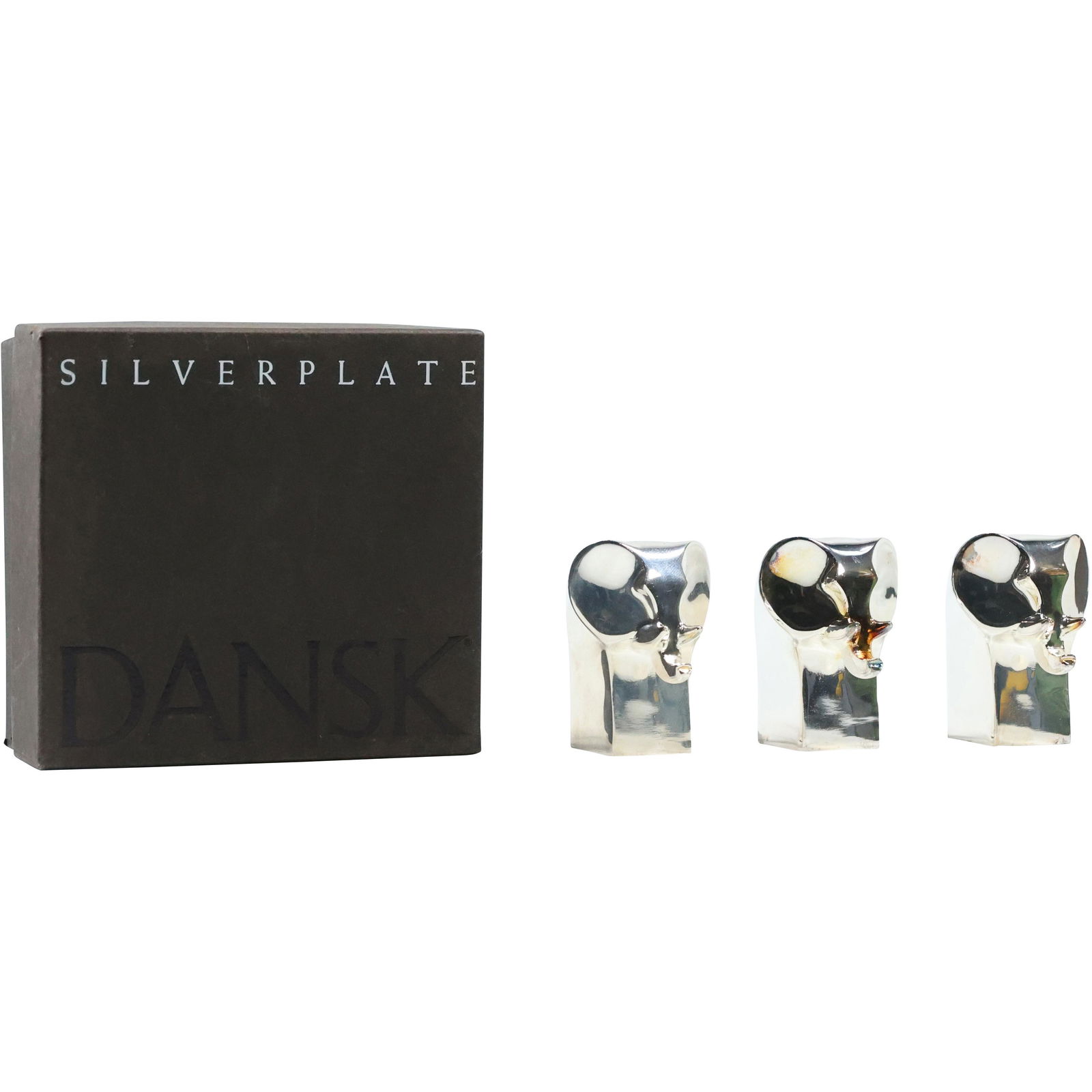 [3] Dansk Silver Plated Cubistic Elephants in Original Boxes: [3] Dansk Silver Plated Cubistic Elephants in Original Boxes size: 3x elephants (2.25 x 1.5), 3x boxes (4.5 x 4.75 x 2.25)