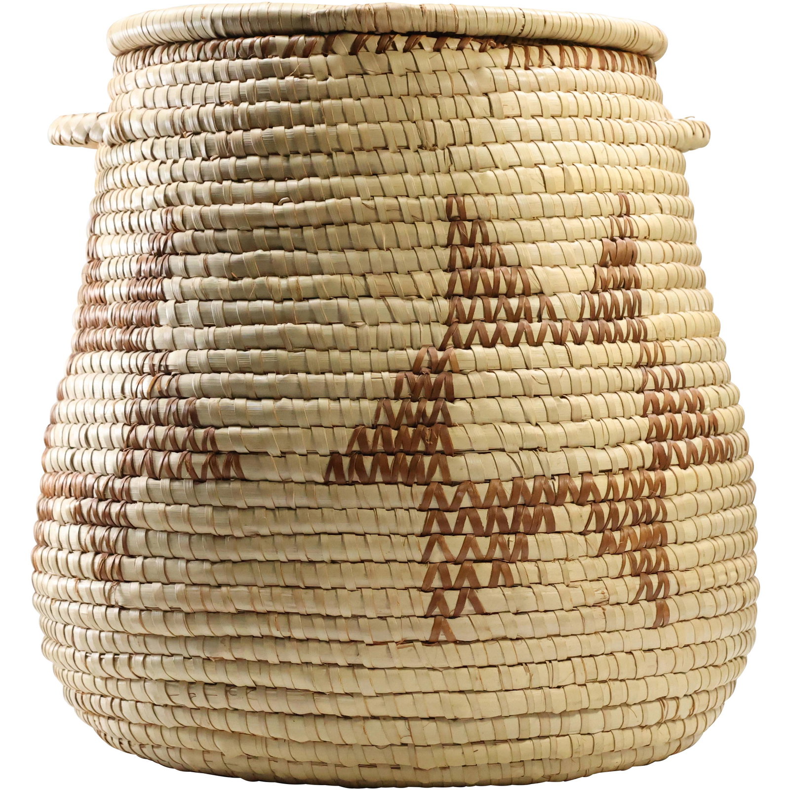 ZUNI Reed Weaved Basket with Cover, Decorated Sides: ZUNI Reed Weaved Basket with Cover, Decorated Sides. size: 15 x 13