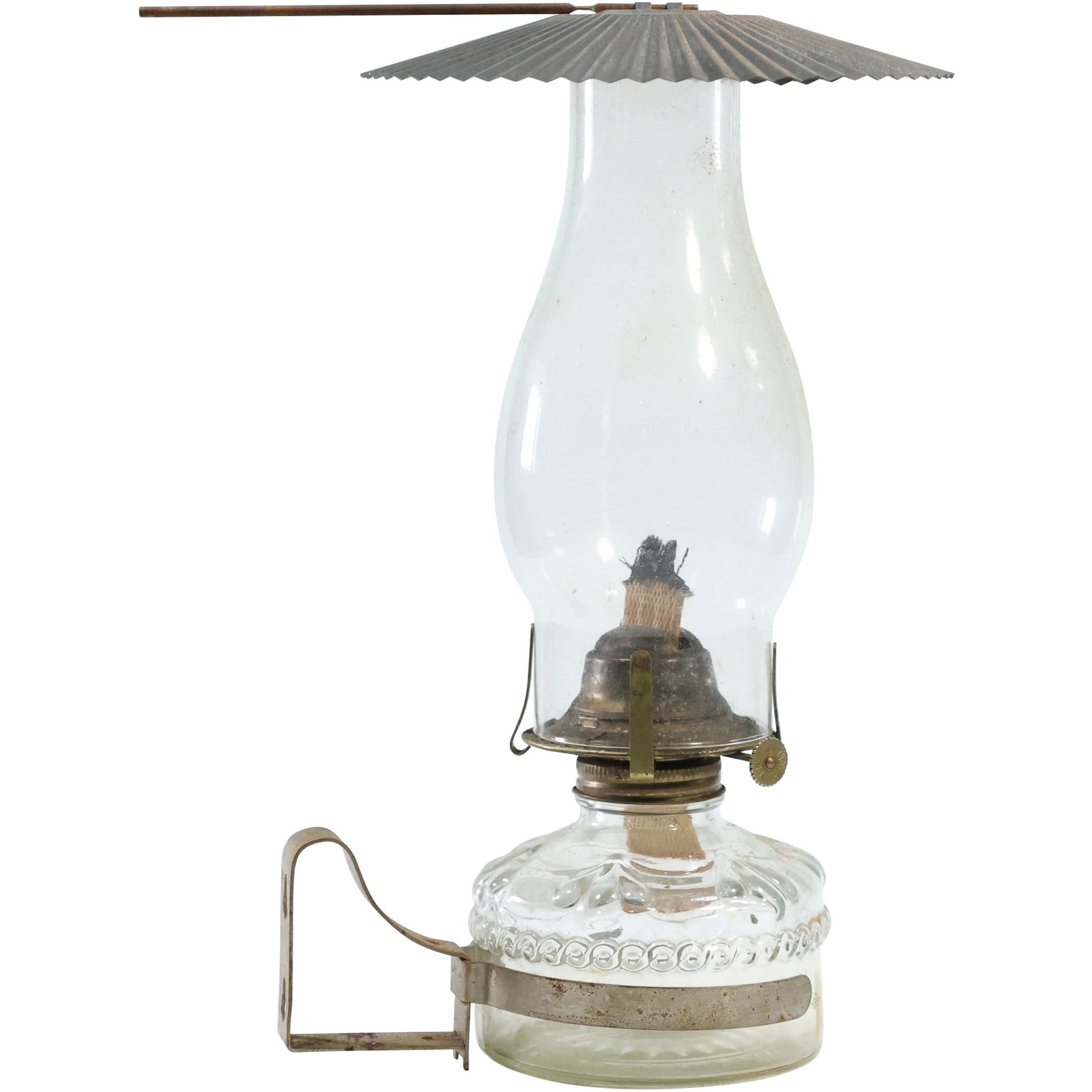 Vintage Glass Font Hand Held Tin Holder Kerosene Lamp with Reflector: Vintage Glass Font Hand Held Tin Holder Kerosene Lamp with Reflector. size: 12.5 x 6.5