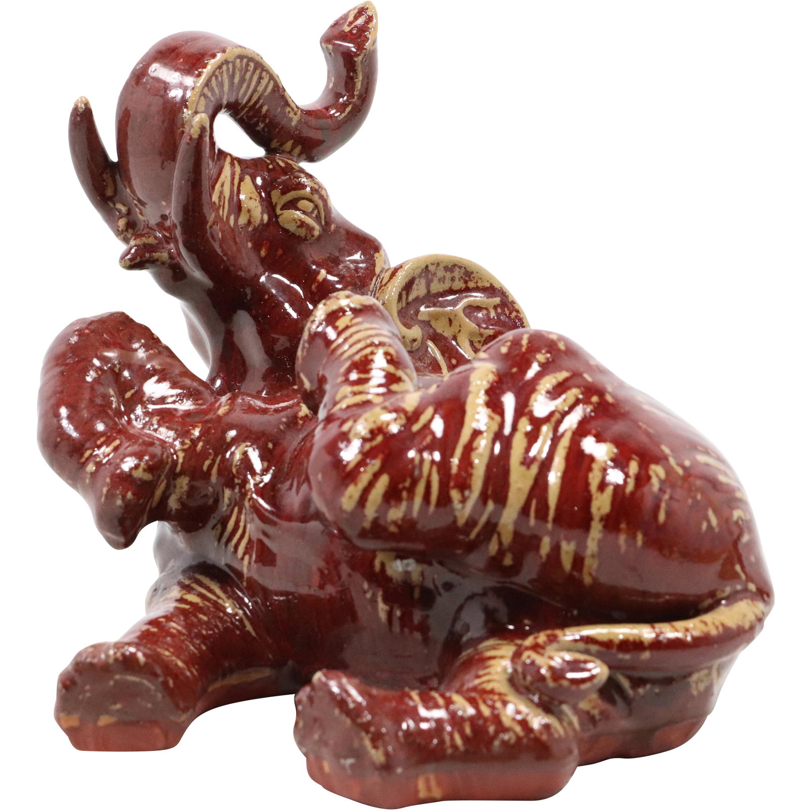 Majolica Playful Reclining Elephant Figure Statue: Majolica Playful Reclining Elephant Figure Statue. size: 8.5h 11w