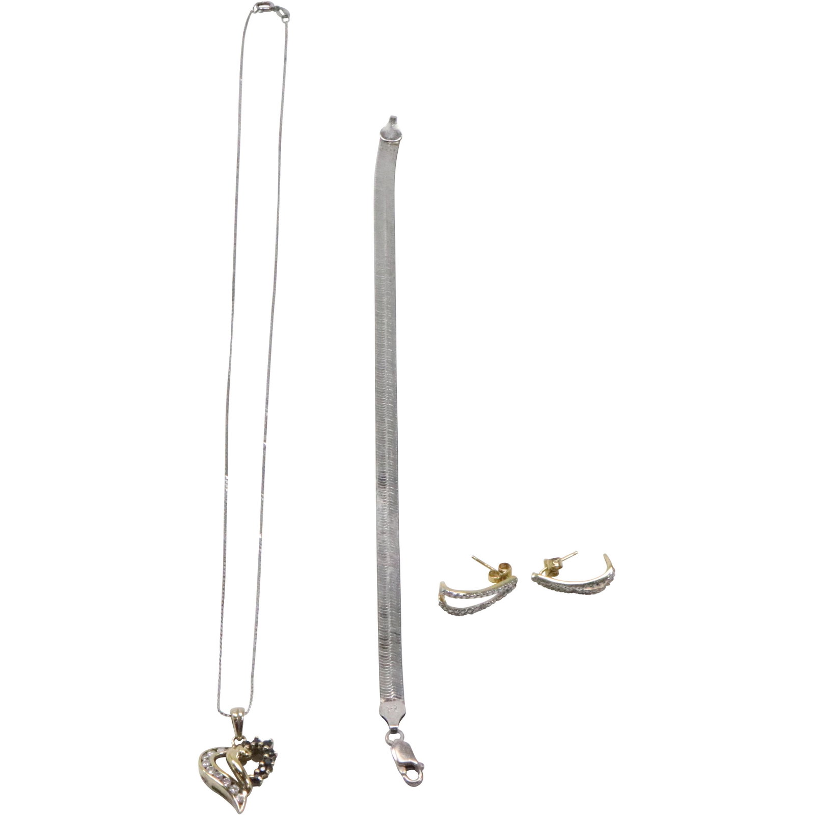.925 Sterling Silver Heart Pendant Necklace; Snake Bracelet & Pierced Earrings: .925 Sterling Silver Heart Pendant with sapphire and CZ Necklace 18 in. x 1 in. x 5/8 in. ; Snake Bracelet 7 1/2 in. x 1/4 in. & Pierced Earrings 3/4 in. x 1/4 in.
