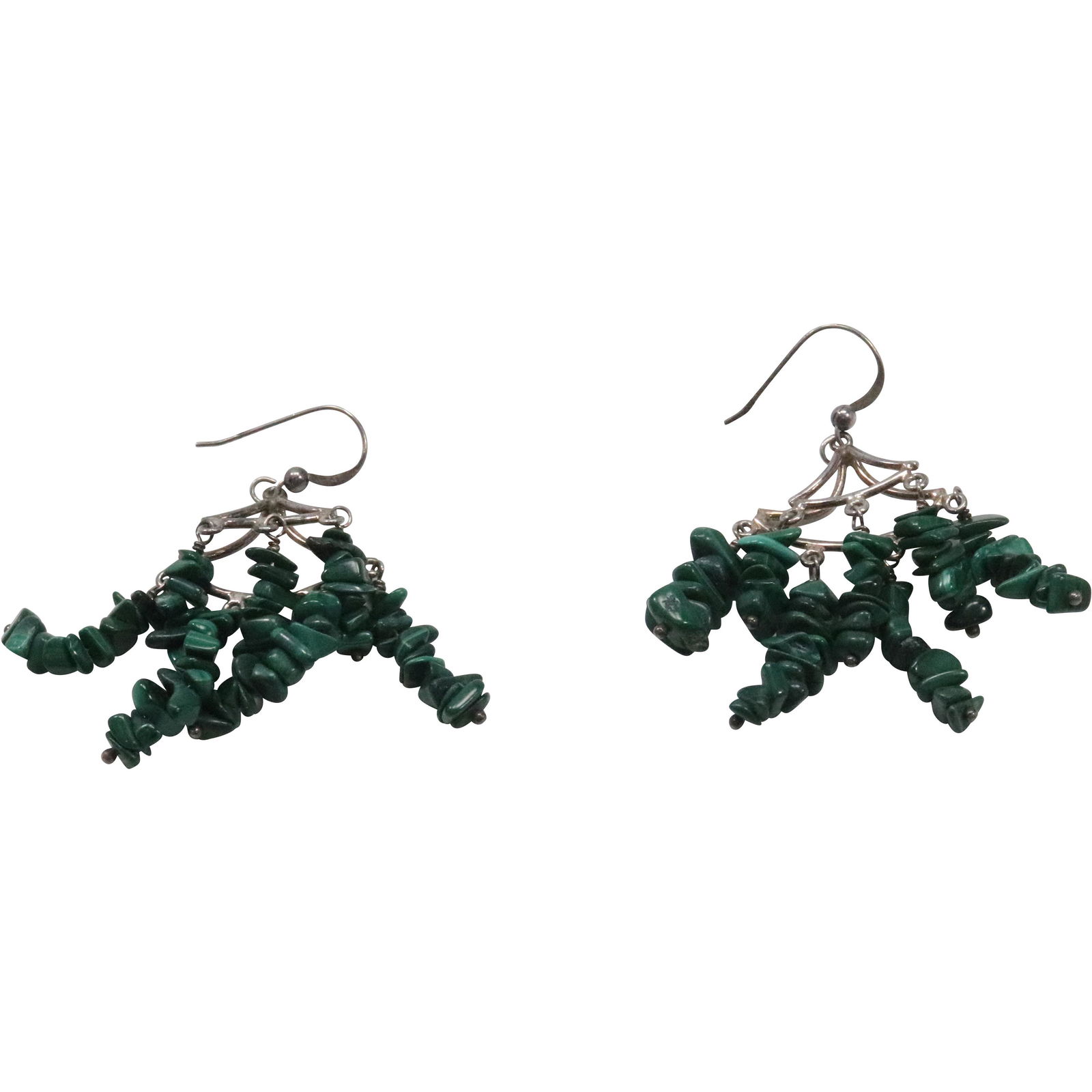 .925 Sterling Silver Malachite Earrings ; 1 1/4 in. x 2 1/2 in.: .925 Sterling Silver Malachite Earrings ; 1 1/4 in. x 2 1/2 in.