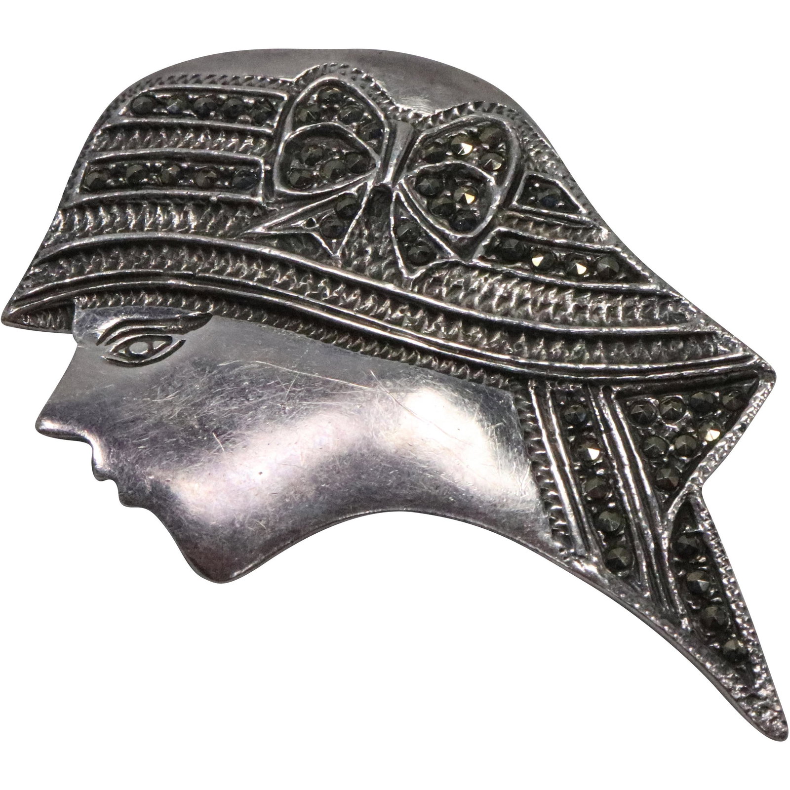 1920s/30s .925 Sterling Silver Pin Fashion Girl wearing Hat with Marcasites: 1920s/30s .925 Sterling Silver Pin Fashion Girl wearing Hat with Marcasites. 1 1/2 in. x 2 1/4 in.