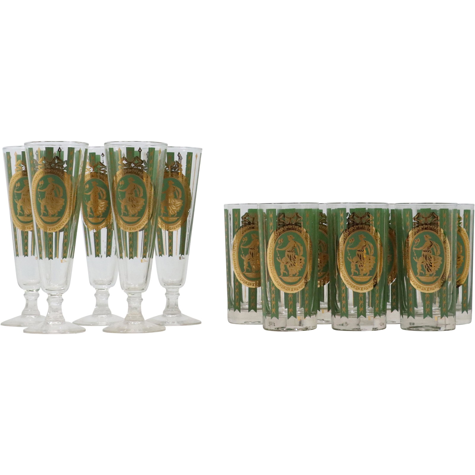 [12] Twelve Mid-Century Modern Tall Drinking Glasses with Greek Figures , Gold Accents: [12] Twelve Mid-Century Modern Tall Drinking Glasses with Greek Figures , Gold Accents size: x5 tall glasses 8.5h 3w x7 small glasses 5.75h 2.75w