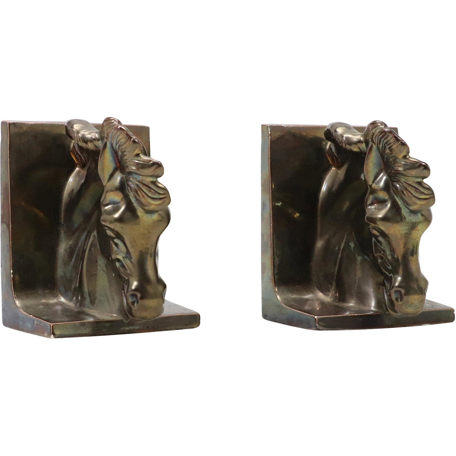 Vintage Ceramic Horse Head Bookends Bronze Lustre Patina Finish: Vintage Ceramic Horse Head Bookends Bronze Lustre Patina Finish. size: 6h 4.5w