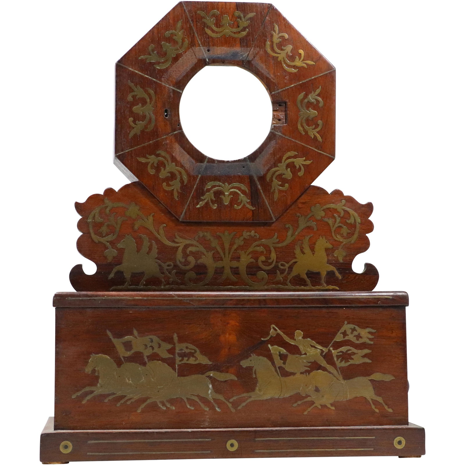 19th C. Italian Renaissance Brass Inlaid Wooden Mantle Clock Case: 19th C. Italian Renaissance Brass Inlaid Wooden Mantle Clock Case. size: 17.5h 14w