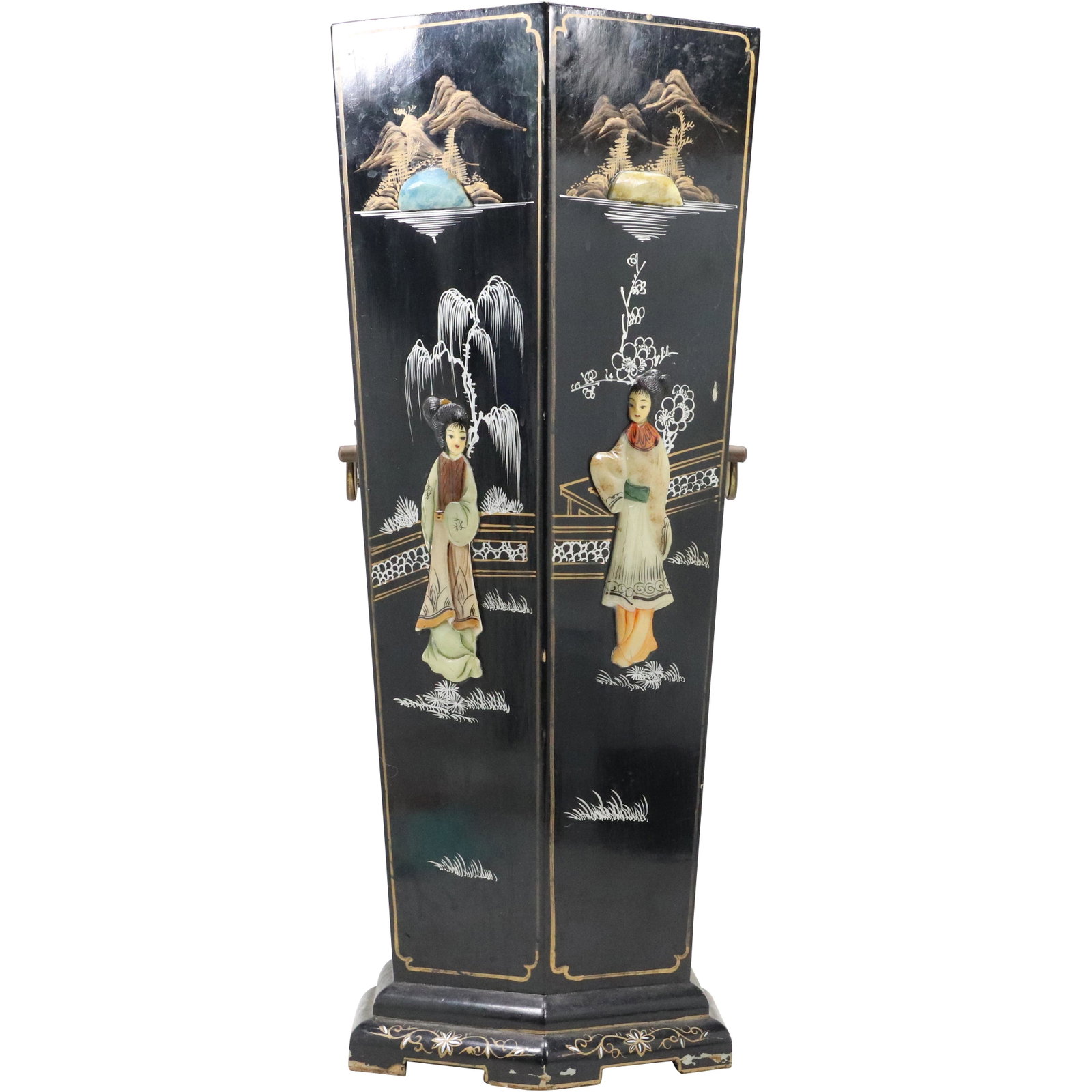 Chinese Lacquered Wood Hexagon Shaped Umbrella Stand / Floor Vase: Chinese Lacquered Wood Hexagon Shaped Umbrella Stand / Floor Vase. size: 22.5h 10.5w