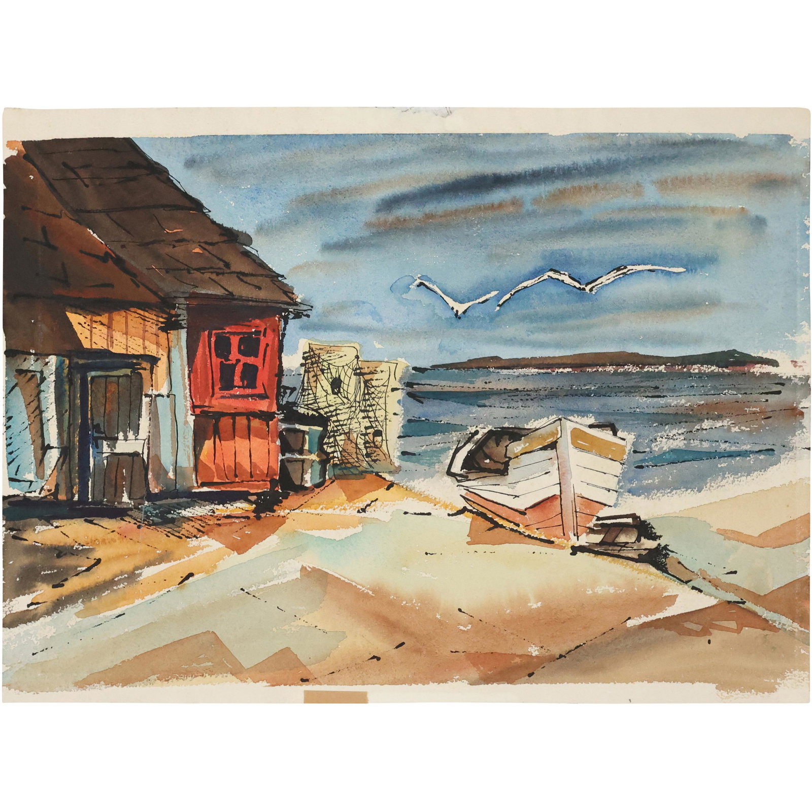 Donald Purdy, Listed CT Artist, Watercolor Painting Fishing Boat at Fishing Shack, from Estate: Donald Purdy, Listed CT Artist, Watercolor Painting Fishing Boat at Fishing Shack, from Estate of the artist. Unsigned. size: 11.25 x 15.5. Donald Roy Purdy (Born 1924) is active/lives in Connecticut.