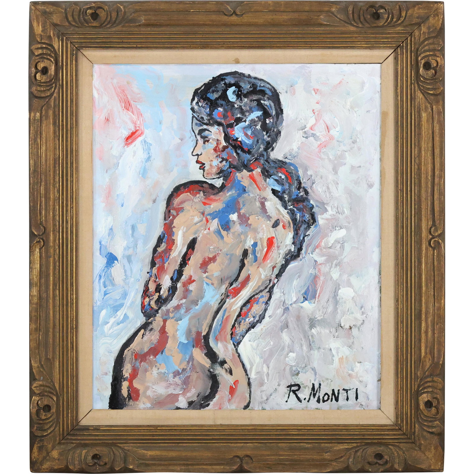 Rocco Monticolo, R Monti, Oil/c Painting Abstract Backside Nude Woman: Rocco Monticolo, R Monti, Oil/c Painting Abstract Backside Nude Woman. Oil on Canvas, Signed, Framed. Well Listed American Artist. size: 24 x 20, 32.25 x 28.25 outside frame. ASKart: Rocco Monticolo i