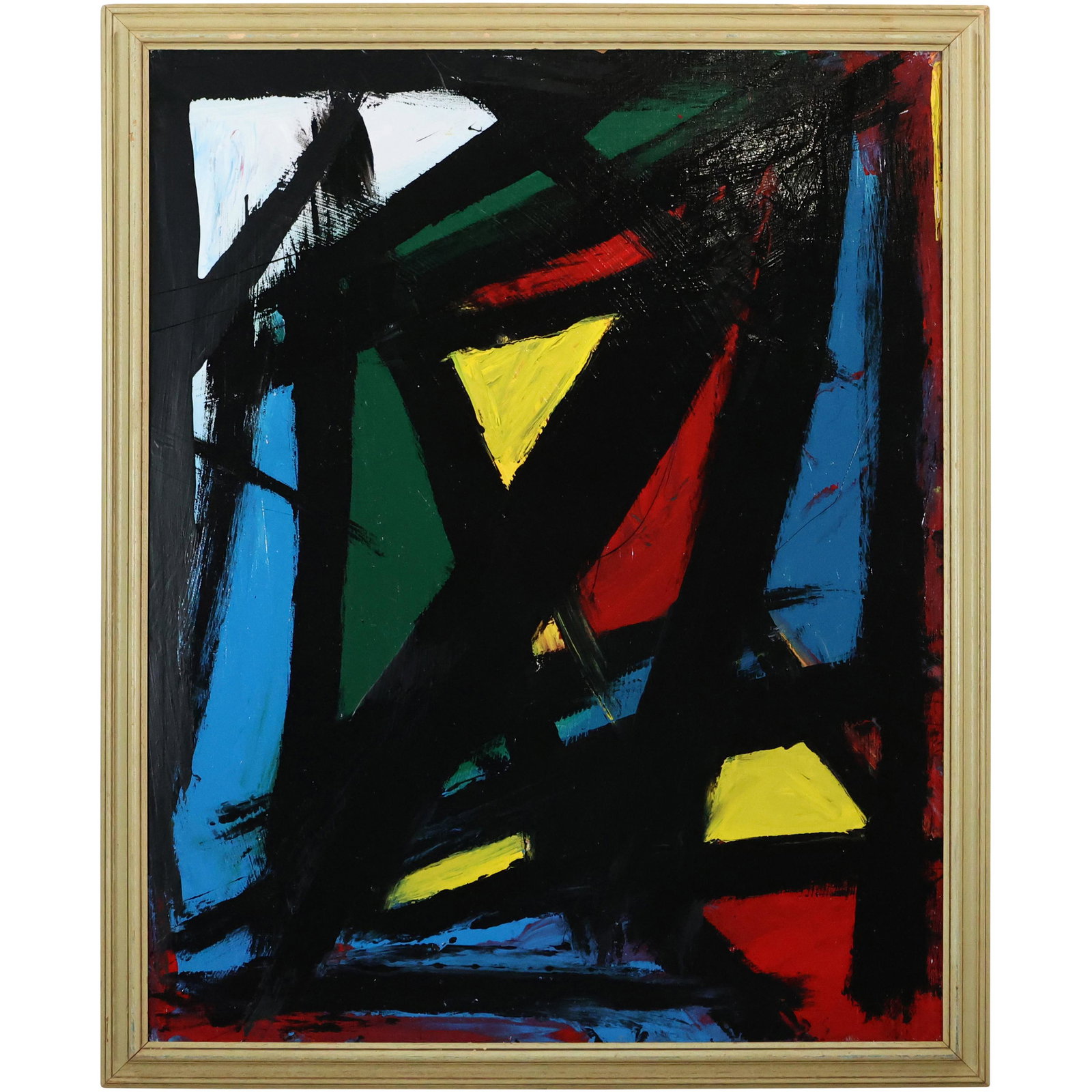 Thomas Pulgini, American, Oil/b Abstract Lines with Color Background: Thomas Pulgini, American, Oil/b Abstract Lines with Color Background. Oil on board painting. Signed Framed. Well Listed American Artist. size: 30 x 24, 32.5 x 26.5 outside frame. ASKart: Thomas Pulgin