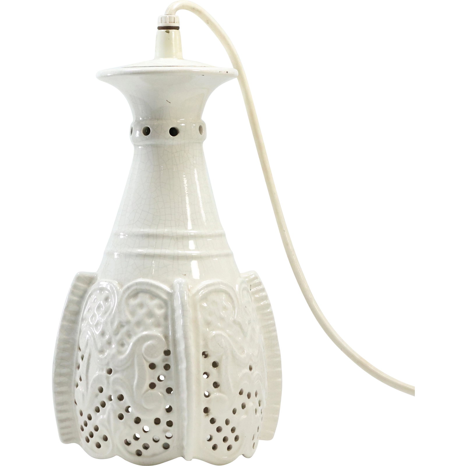 Reticulated White Porcelain Hanging Lamp Fixture: Reticulated White Porcelain Hanging Lamp Fixture. size: 15 x 8, wire (38in)