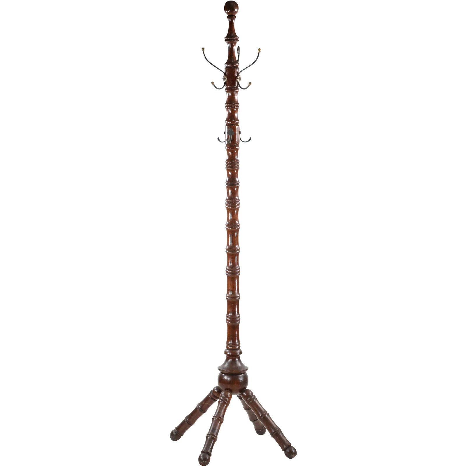 Antique Wooden Coat Tree with Hooks, Turned Spindle Legs and Center Column: Antique Wooden Coat Tree with Hooks, Turned Spindle Legs and Center Column. size: 68 x 22
