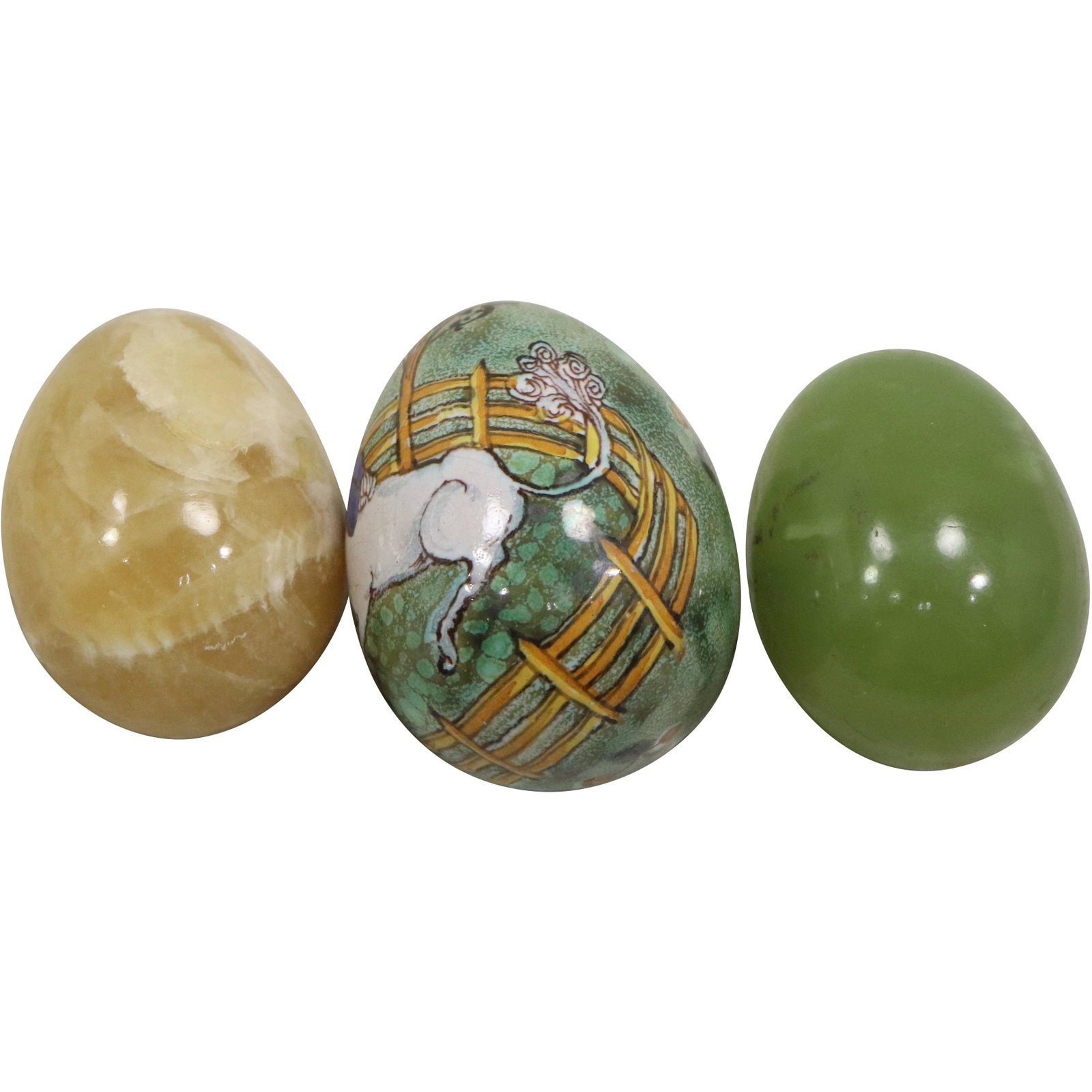 [3] Assorted EGGS in Jade, Alabaster & Hand Painted Horse: [3] Assorted EGGS in Jade, Alabaster & Hand Painted Horse. size: 2.5 2 3/8h 1 3/4 1 7/8