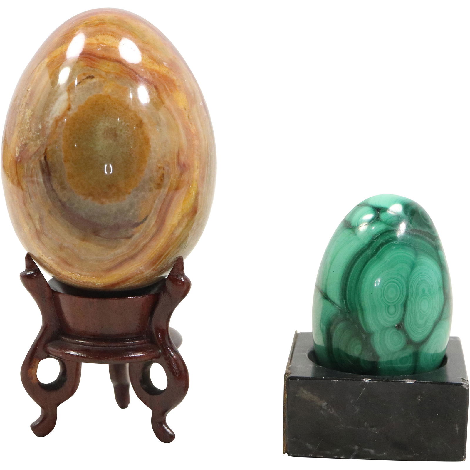 Polished Malachite Egg on Stand and Polished Agate Egg on Stand (1 of 10)