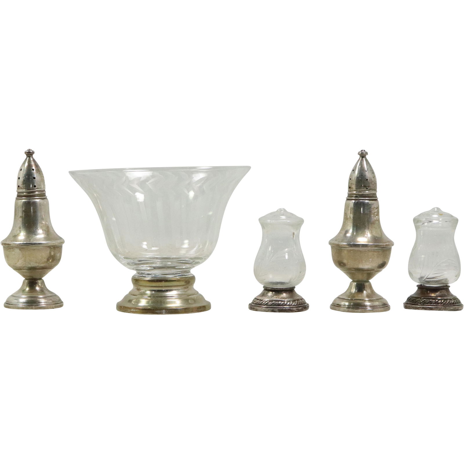 5 pcs. STERLING SILVER 2 Pair Salt & Pepper Shakers and Sterling Base Glass Bowl (1 of 16)