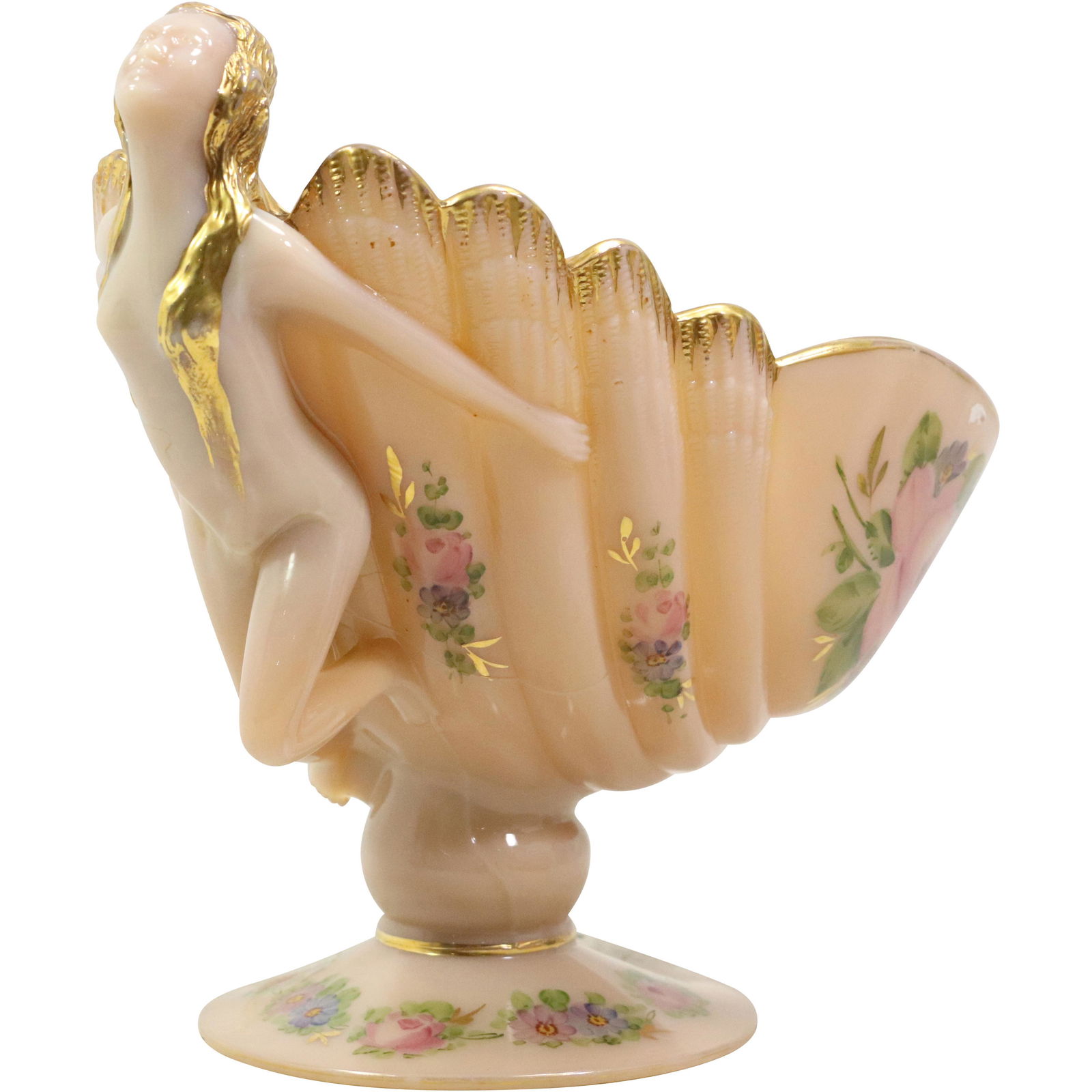 Custard Glass Nymph Girl Outside of a Shell Shape Pedestal Bowl (1 of 9)