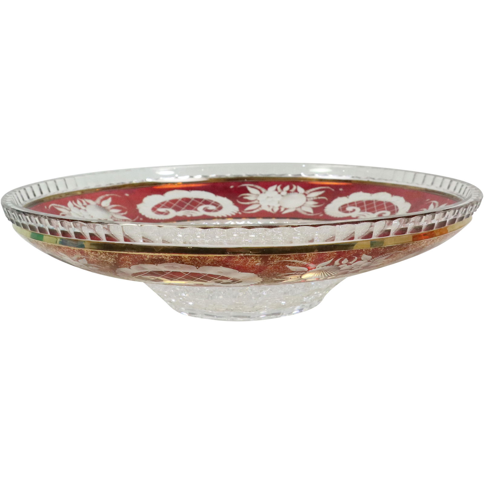 Round Glass Bohemian Red Etched Banded Wide Rim Serving Platter (1 of 9)
