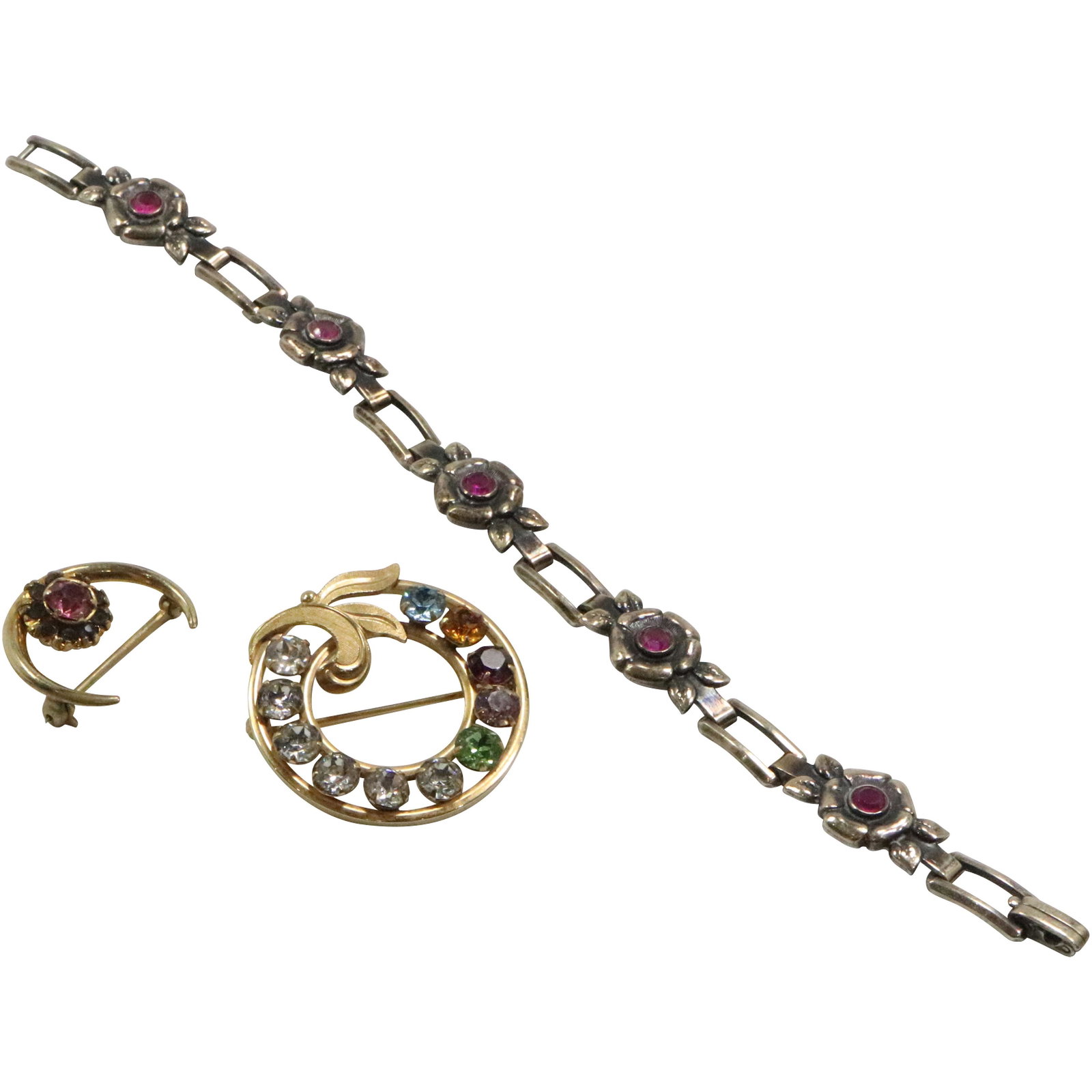 10K GF Pink Stone Bracelet; 12K White Co Pin Pink Stone; 12K GF Van Dell Color Rhinestones: 10K GF Pink Stone Bracelet 7 in. x 1/2 in. ; 12K White Co Pin Pink Stone 1 in. x 3/4 in. ; 12K GF Van Dell Color Rhinestones 1 1/4 in. diameter.