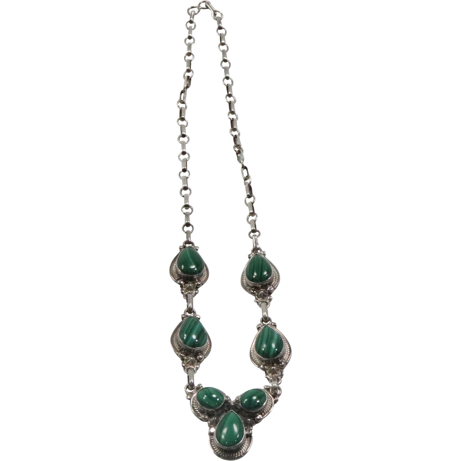 Sterling Silver and Malachite Necklace Role Jaque, 18 in. x 1 3/8 in. x 1 1/4 in. (1 of 7)