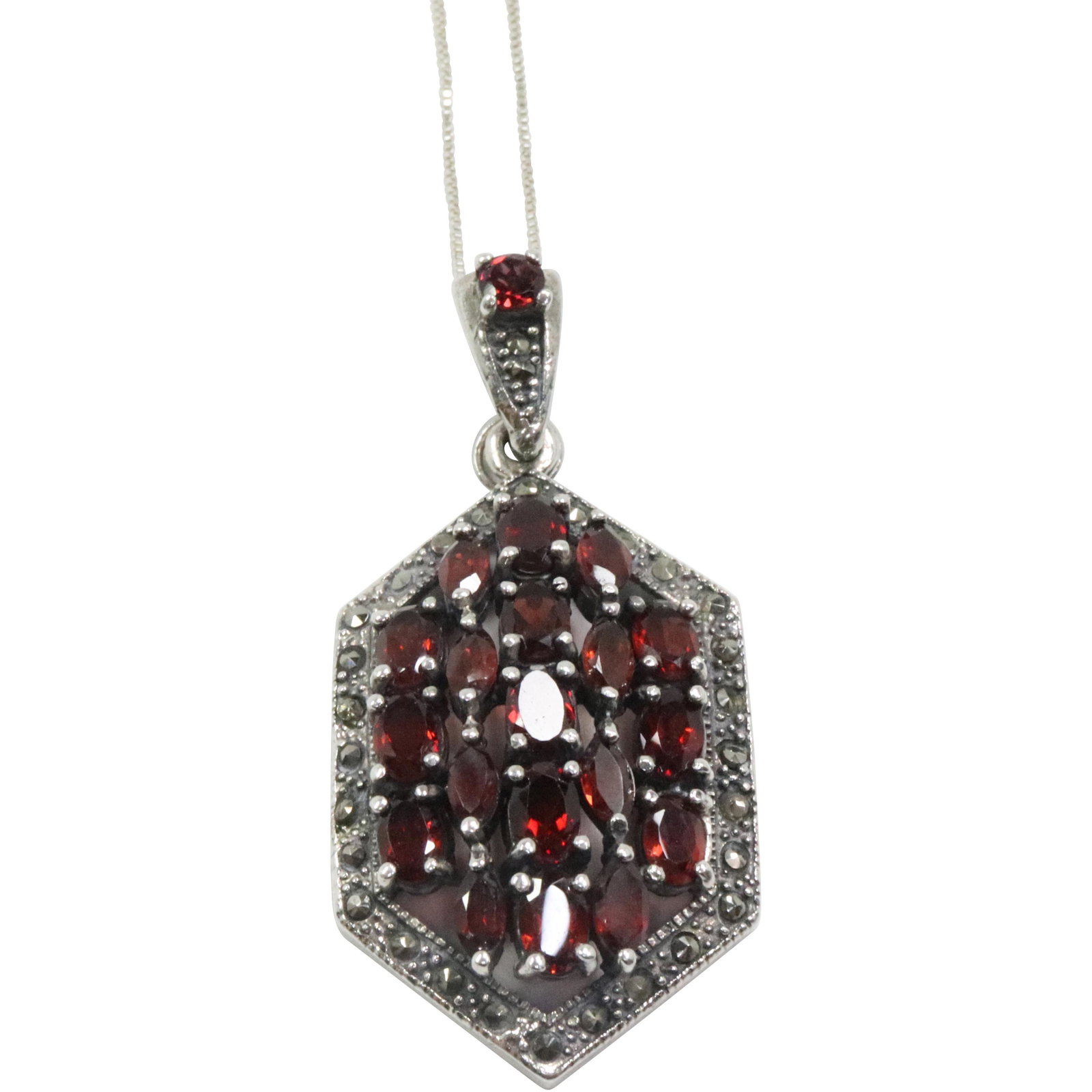 .925 Sterling Silver Garnets & Marcasites Pendant Necklace ; 18 in. x 3 1/4 in. x 1 in.: .925 Sterling Silver Garnets & Marcasites Pendant Necklace ; 18 in. x 3 1/4 in. x 1 in.