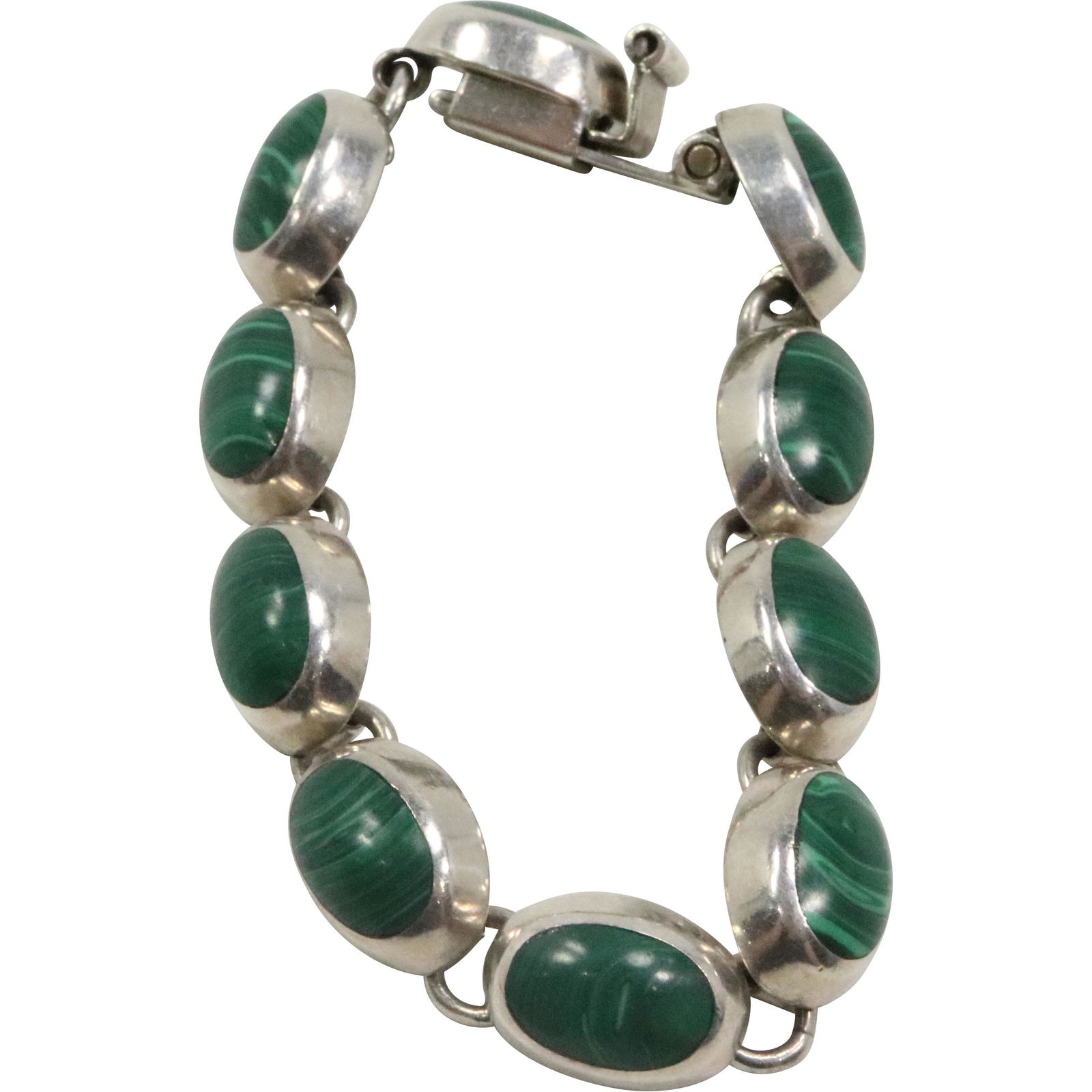 .925 AMCH Sterling Silver Mexico Malachite Bracelet ; 8 in. x 1/2 in.: .925 AMCH Sterling Silver Mexico Malachite Bracelet ; 8 in. x 1/2 in.