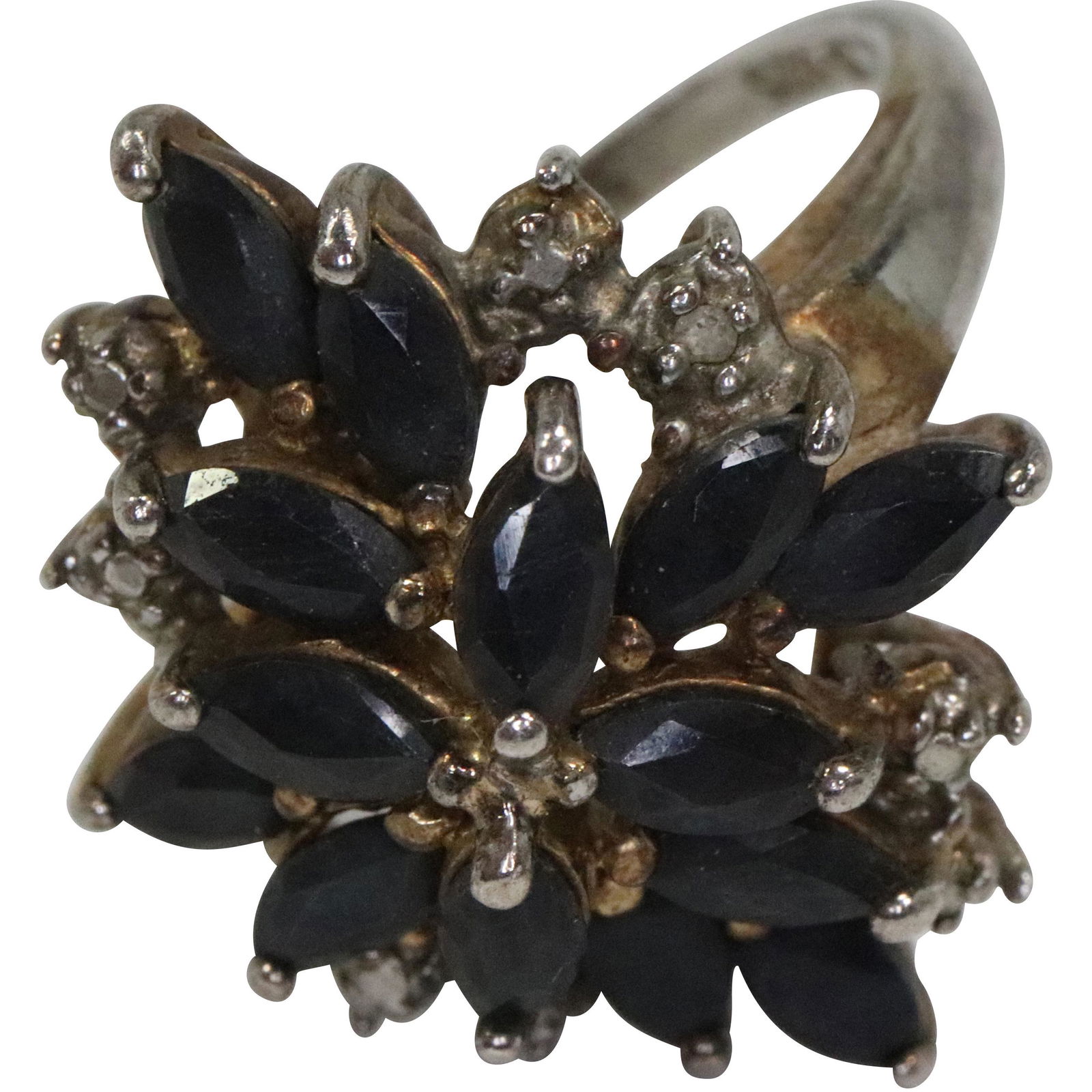 .925 Sterling Silver Blue Spinels and Diamonds Cocktail Ring Size 6 ; 3/4 in. x 1 in. (1 of 5)