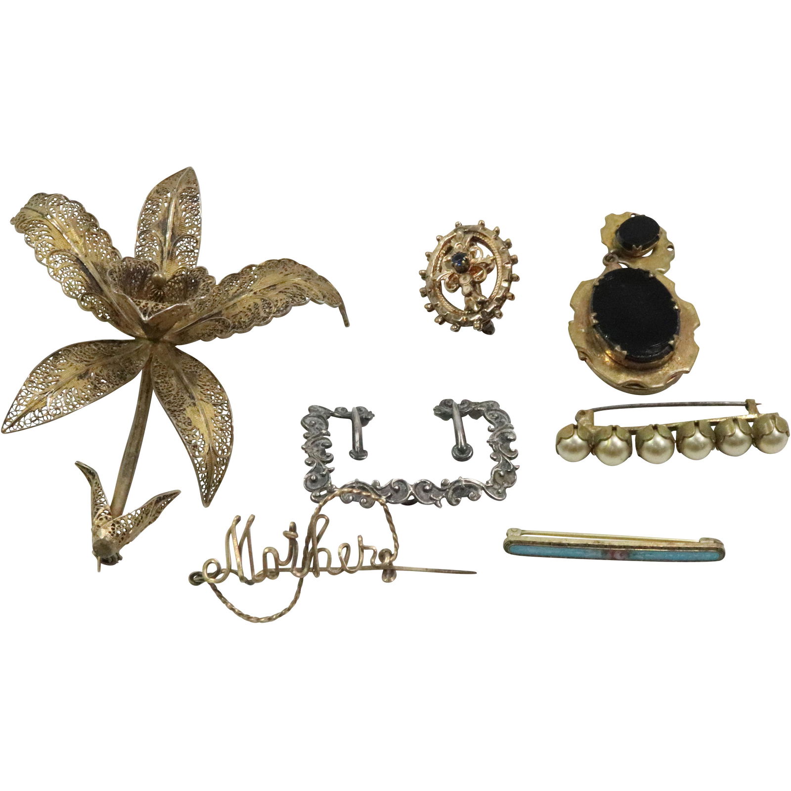 7 Pc Assorted Victorian Jewelry Lot: pearl pin, iris filigree pin, lock black onyx, buckle, others (1 of 17)
