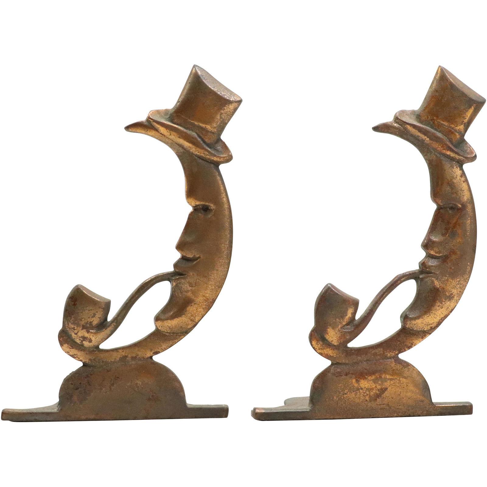 Pair Circa 1920s Cast Metal "Man in The Moon" Whimsical Bookends - Original Patina: Pair Circa 1920s Cast Metal "Man in The Moon" Whimsical Bookends - Original Patina. size: 8h 5w