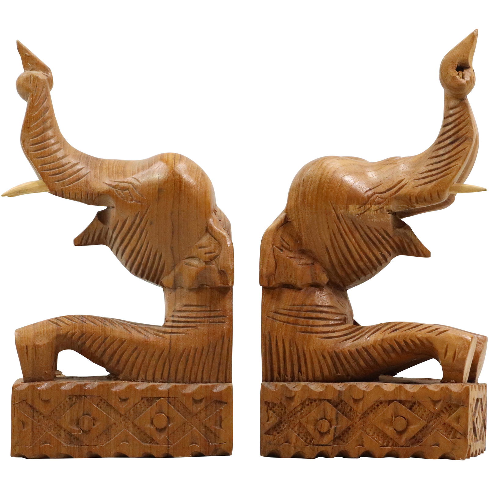 Hand Carved Elephant Teak Bookends "Trunks Up" For Good Luck (1 of 11)