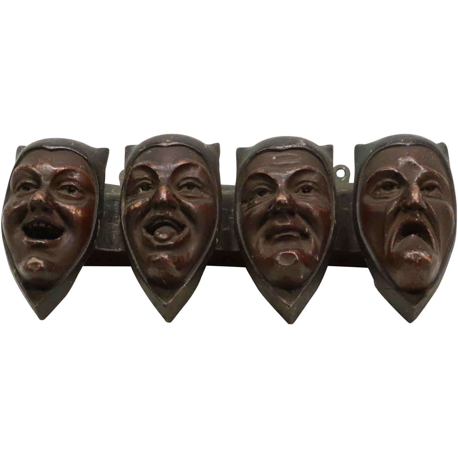 [4] Carved Wood Demon Faces Wall Mount - Original Patina Finish: [4] Carved Wood Demon Faces Wall Mount - Original Patina Finish. size: 4.25h 8.5w