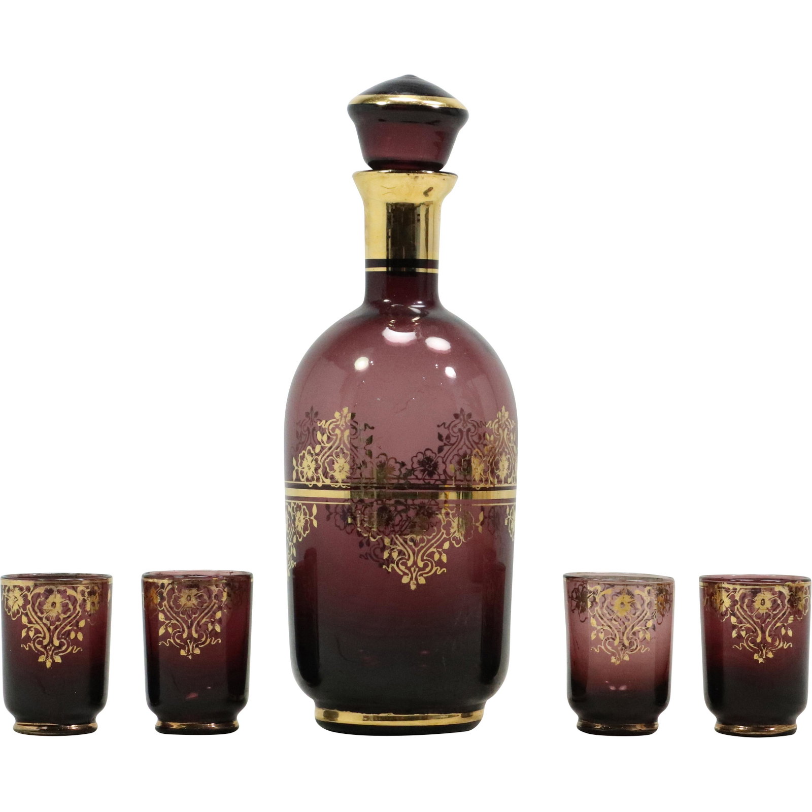 5pc Purple Amethyst Liquor Set in Gold Trim (4 cordials 1 extra): 5pc Purple Amethyst Liquor Set in Gold Trim (4 cordials 1 extra) size: glasses 2.25h 1.75w pour 9.75h 3.5w